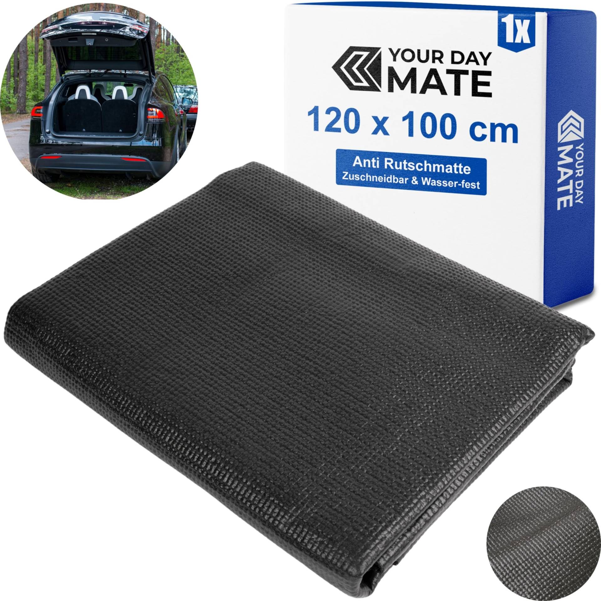 Antirutsch Schutzmatte, Größe 120 x 100 x 0,3 cm, in Schwarz, 560g/m² Material, universal Einlegematte, zuschneidbar und wasserdicht für Kofferraum, Hundebox, Schublade, Regal, rutschfeste Unterlage von Your Day Mate