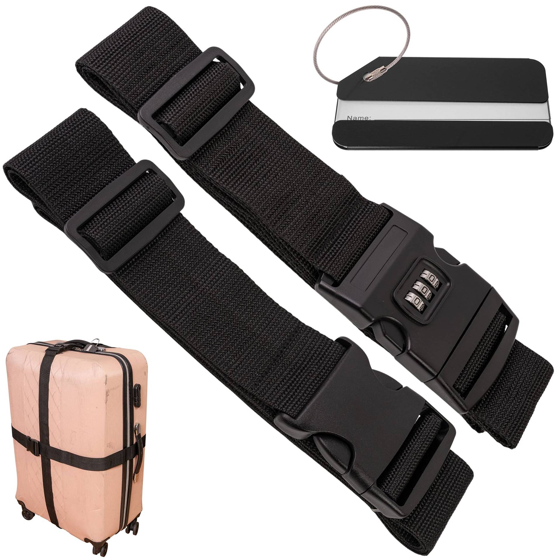 Kofferband Set mit Kofferanhänger, 2 Pack, 200 cm Gurtband mit Schnalle und Zahlenschloss, Schwarz, mit Namensschild, Koffergurte mit Adressschild zum Reisen und Fliegen, Kofferspanngurte, Gurt Koffer von Your Day Mate