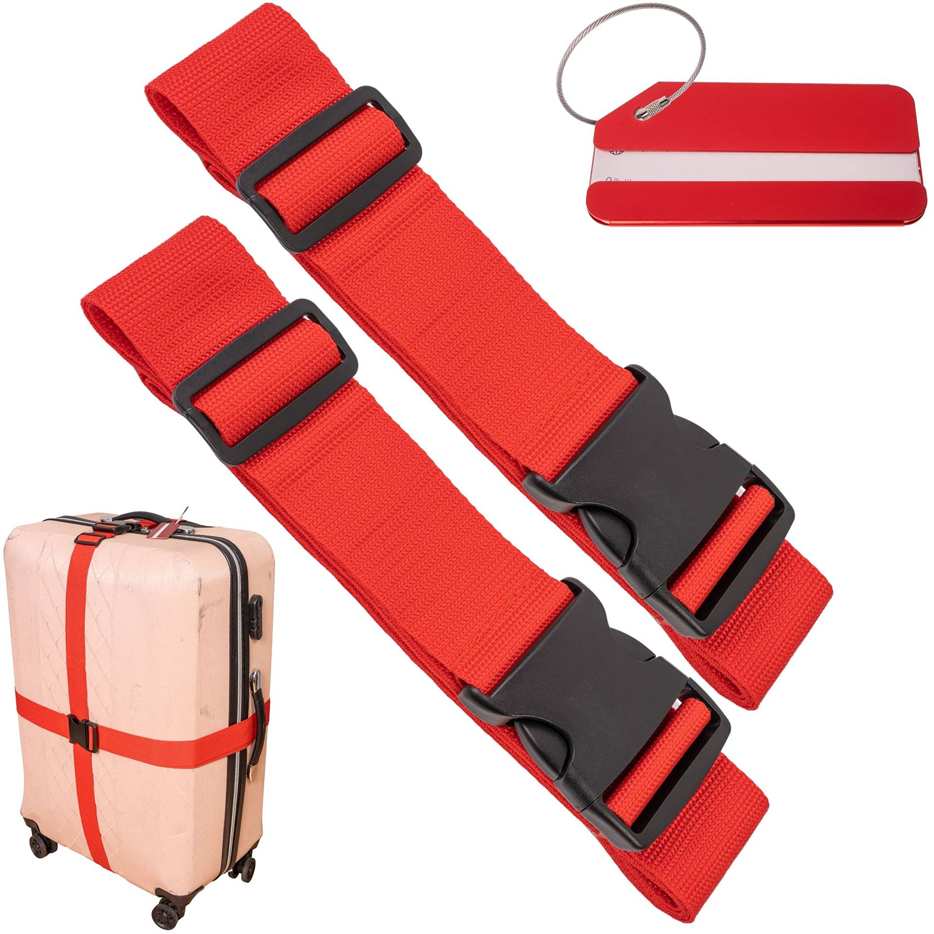 Kofferband Set mit Kofferanhänger, 2 Pack, 200 cm Gurtband mit Schnalle für mehr Sicherheit, Rot, mit Namensschild, Koffergurte mit Adressschild zum Reisen und Fliegen, Kofferspanngurte, Gurt Koffer von Your Day Mate