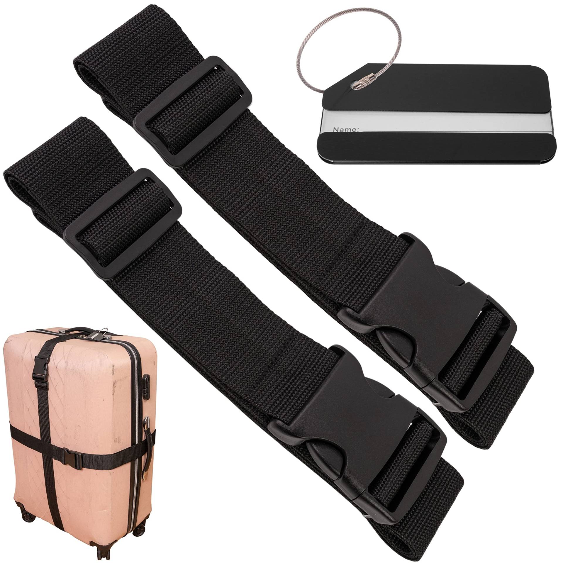 Kofferband Set mit Kofferanhänger, 2 Stk, 200cm Gurtband mit Schnalle für mehr Sicherheit, Schwarz, mit Namensschild, Koffergurte mit Adressschild zum Reisen und Fliegen, Kofferspanngurte, Gurt Koffer von Your Day Mate