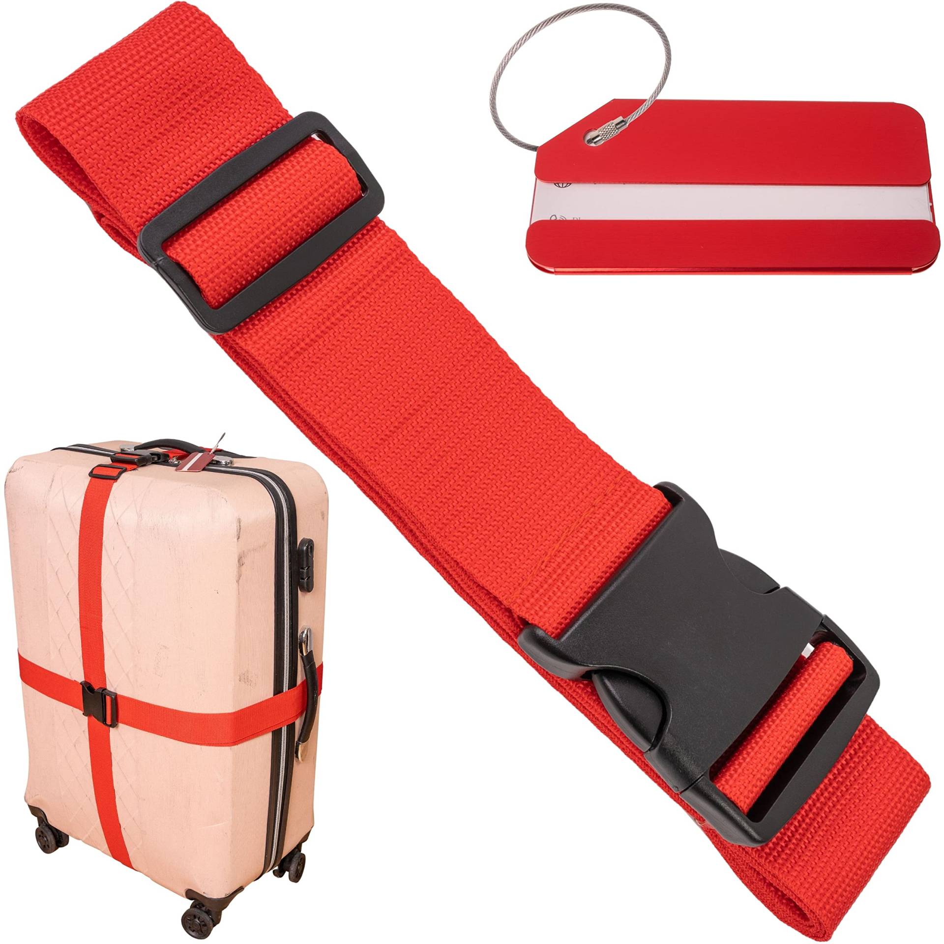 Kofferband Set mit Kofferanhänger, 200 cm Gurtband mit Schnalle für mehr Sicherheit, in Rot, mit Namensschild, Koffergurte mit Adressschild zum Reisen und Fliegen, Kofferspanngurte, Gurt Koffer von Your Day Mate