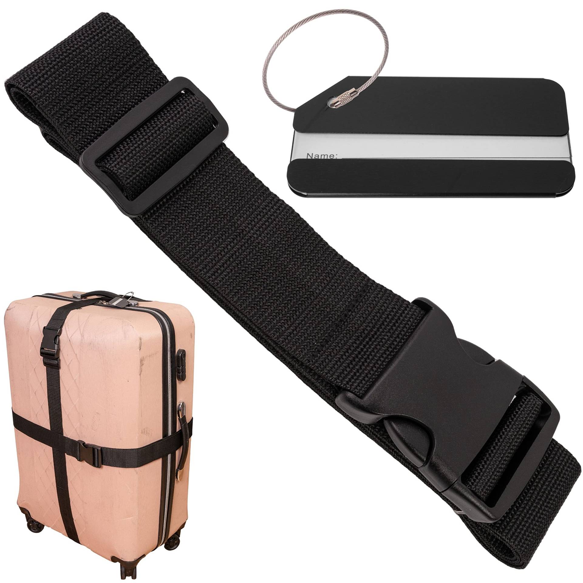 Kofferband Set mit Kofferanhänger, 200 cm Gurtband mit Schnalle für mehr Sicherheit, in Schwarz, mit Namensschild, Koffergurte mit Adressschild zum Reisen und Fliegen, Kofferspanngurte, Gurt Koffer von Your Day Mate