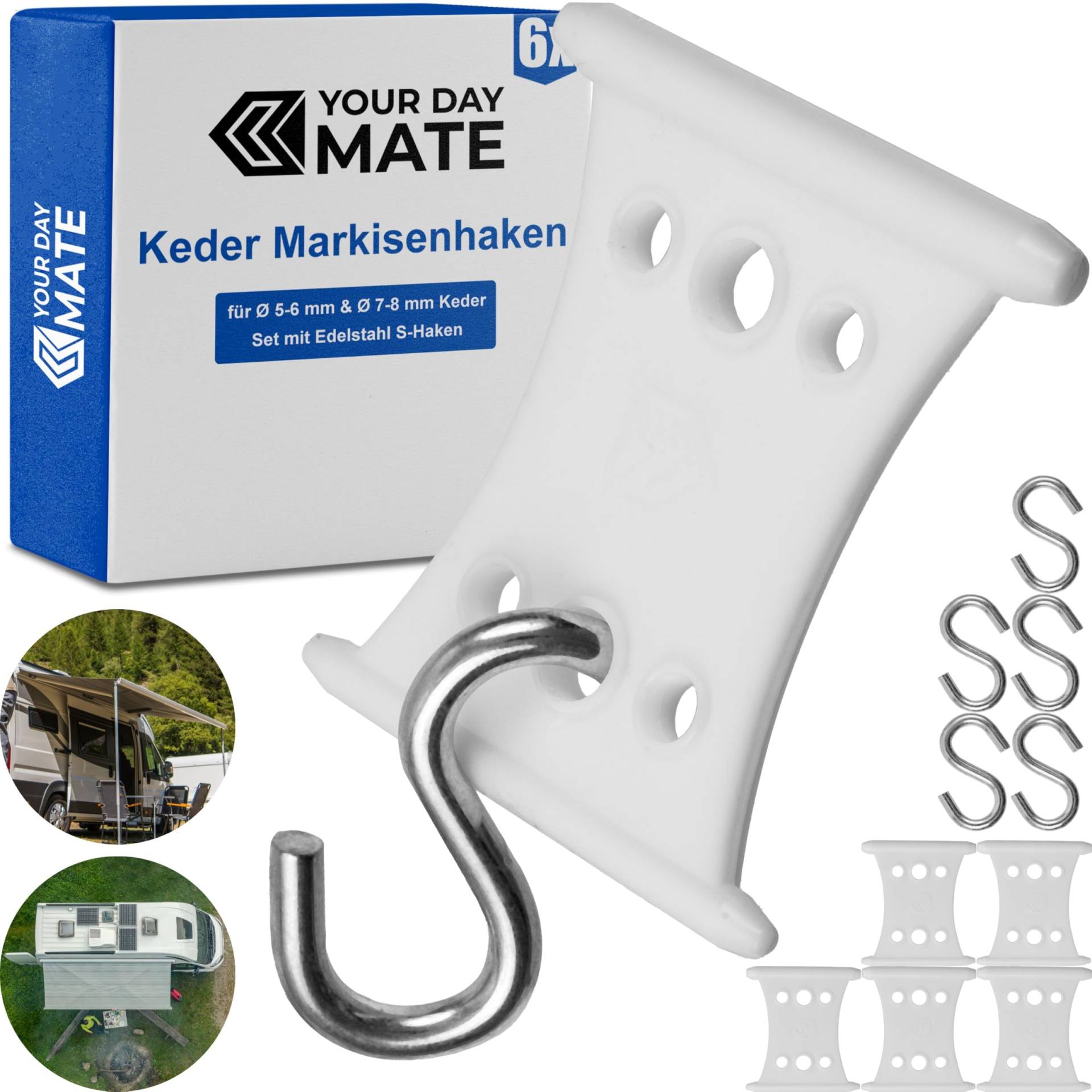 Markisenhaken für Kederschiene, 6 Pack, Weiß, für Kederleisten mit ∅5-6mm und ∅7-8mm, Set mit 6 x 45mm Edelstahl S-Haken, Haken Wohnwagen Vorzeltkeder, Kederhaken Camping Markise, Aufhänger Keder von Your Day Mate