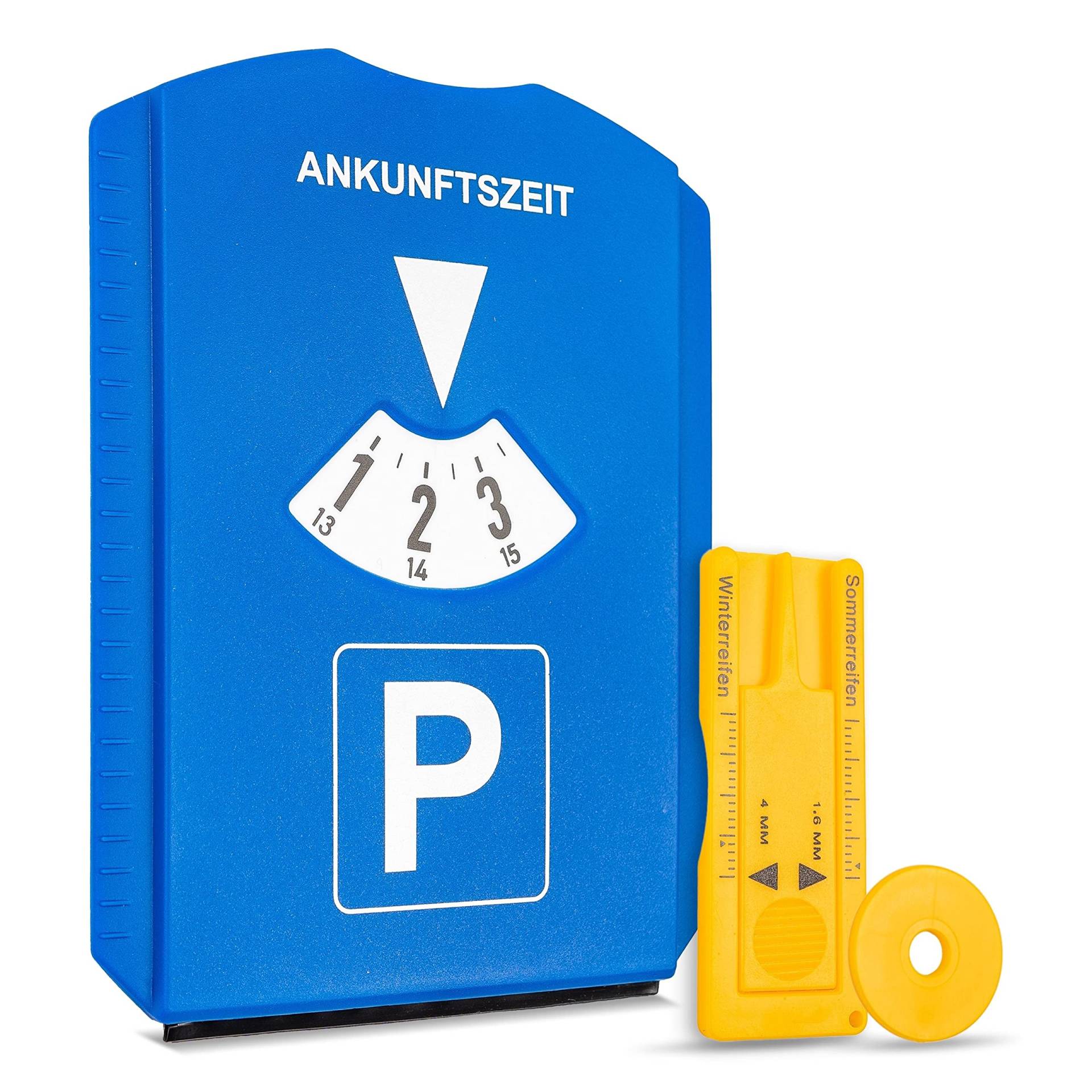 Parkscheibe mit Eiskratzer, 1 Stück, in Blau, Parkuhr inkl. Reifenprofilmesser und Einkaufswagenchip, für Auto, LKW, Wohnmobil, Parking Disc Blue, Parkscheiben, Parkkarte, Park Scheibe Ankunftszeit von Your Day Mate