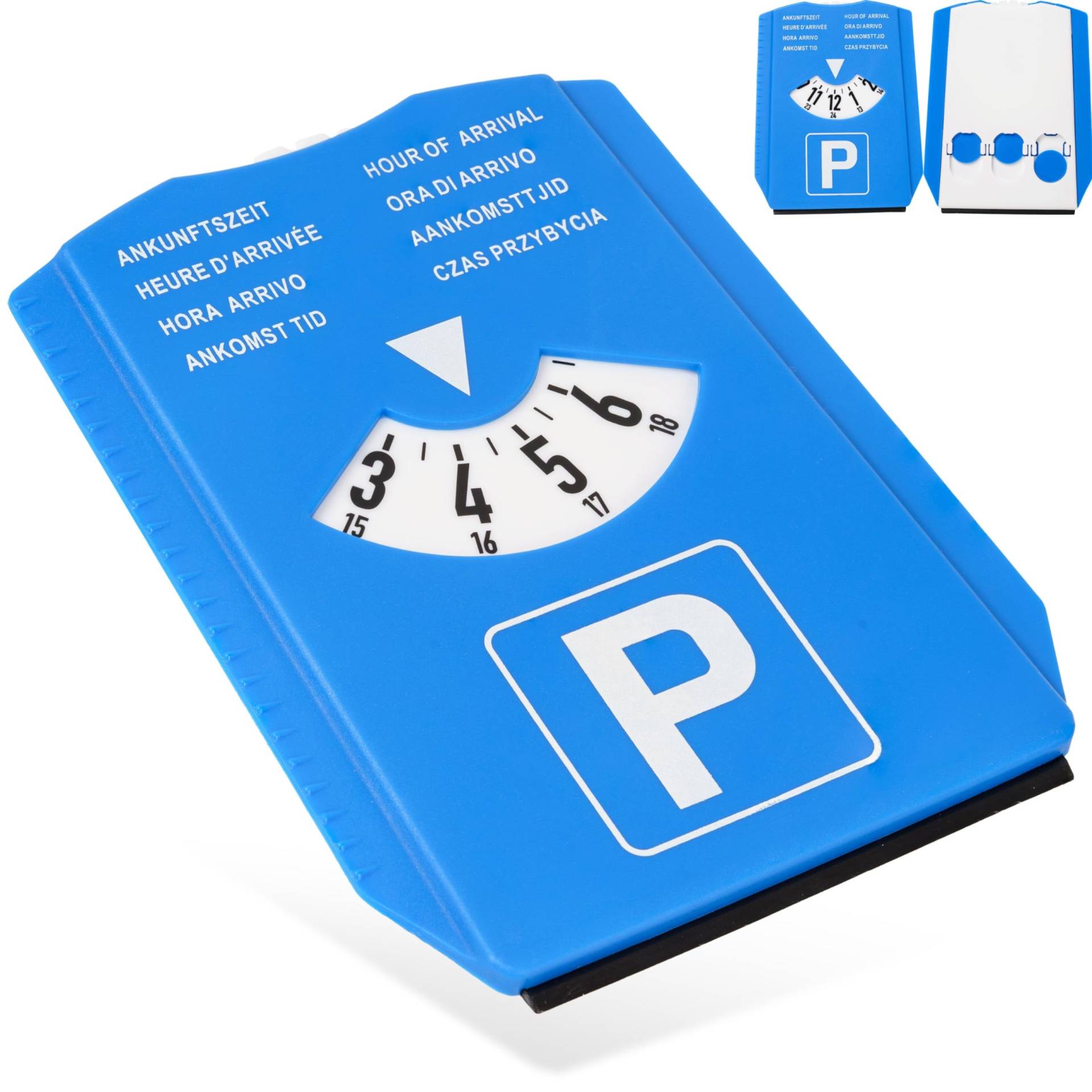 Parkscheibe mit Eiskratzer, 1 Stück, in Blau, acht Sprachen, Parkuhr Set mit Reifenprofilmesser und Einkaufswagenchip, für Auto, LKW, Wohnmobil, Parking Disc Blue, Parkkarte, Park Scheibe Ankunftszeit von Your Day Mate