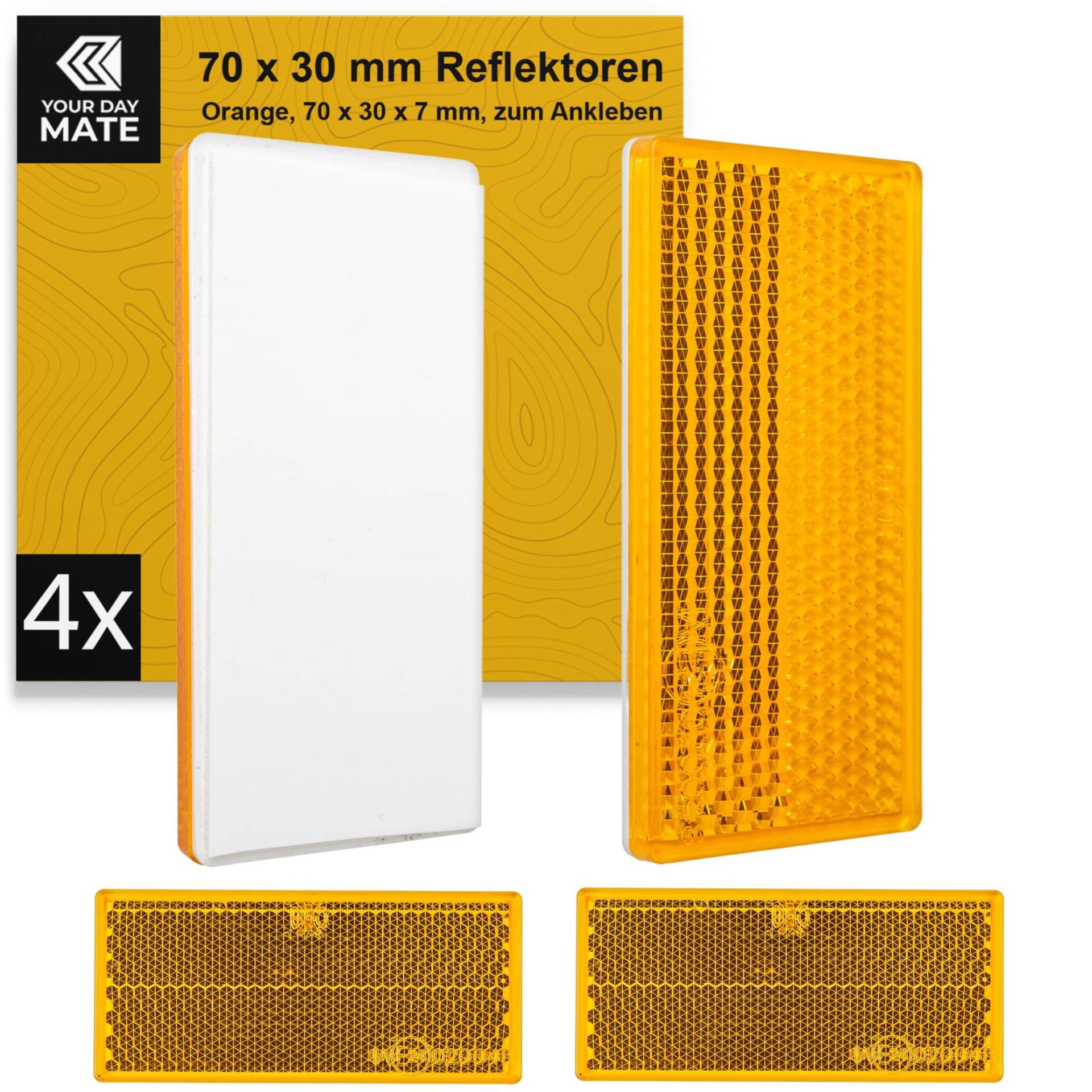 Rechteckige Reflektoren zum Ankleben, 4 Pack, Orange, 70 x 30 x 7 mm Abmessung, mit E-Prüfzeichen, eckige Reflektoren für Hänger, Wohnmobil, Katzenauge links rechts, Rückstrahler Traktor Streuscheibe von Your Day Mate