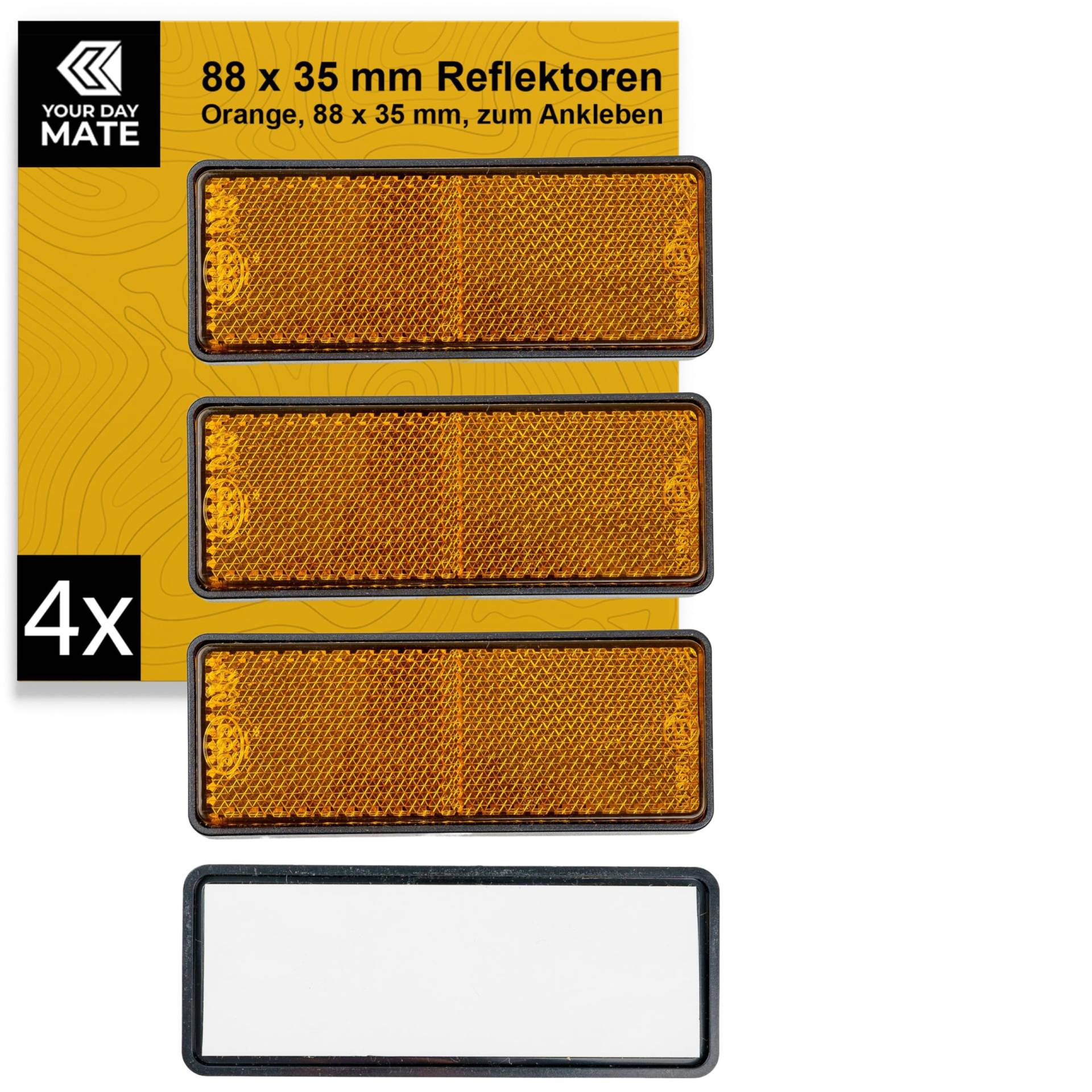 Rechteckige Reflektoren zum Ankleben, 4 Pack, Orange, 88 x 35 x 9 mm Abmessung, mit E-Prüfzeichen, eckige Reflektoren für Hänger, Wohnmobil, Katzenauge links rechts, Rückstrahler Traktor Streuscheibe von Your Day Mate