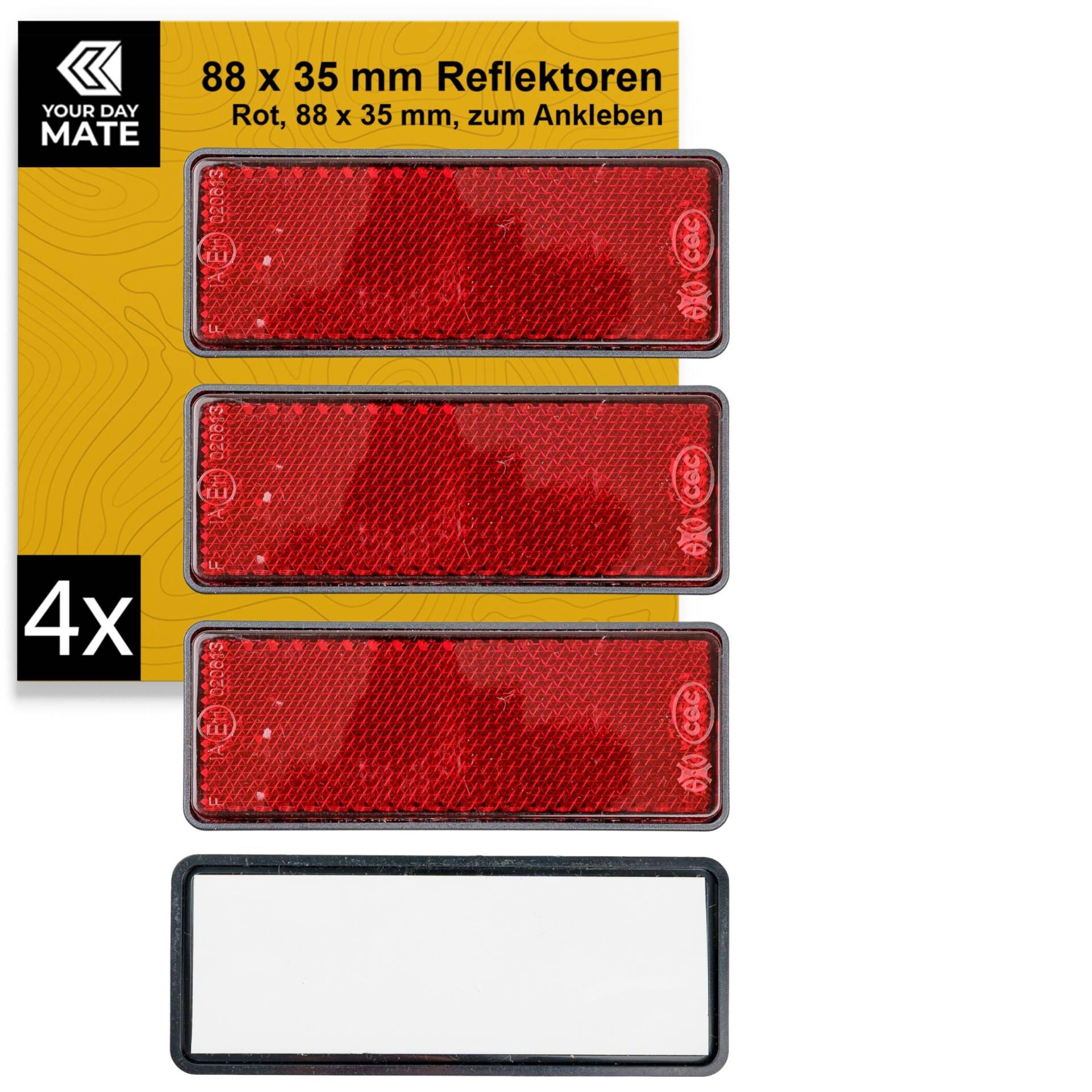 Rechteckige Reflektoren zum Ankleben, 4 Pack, Rot, 88 x 35 x 9 mm Abmessung, mit E-Prüfzeichen, eckige Reflektoren für Hänger, Wohnmobil, Katzenauge links rechts, Rückstrahler Traktor Streuscheibe von Your Day Mate