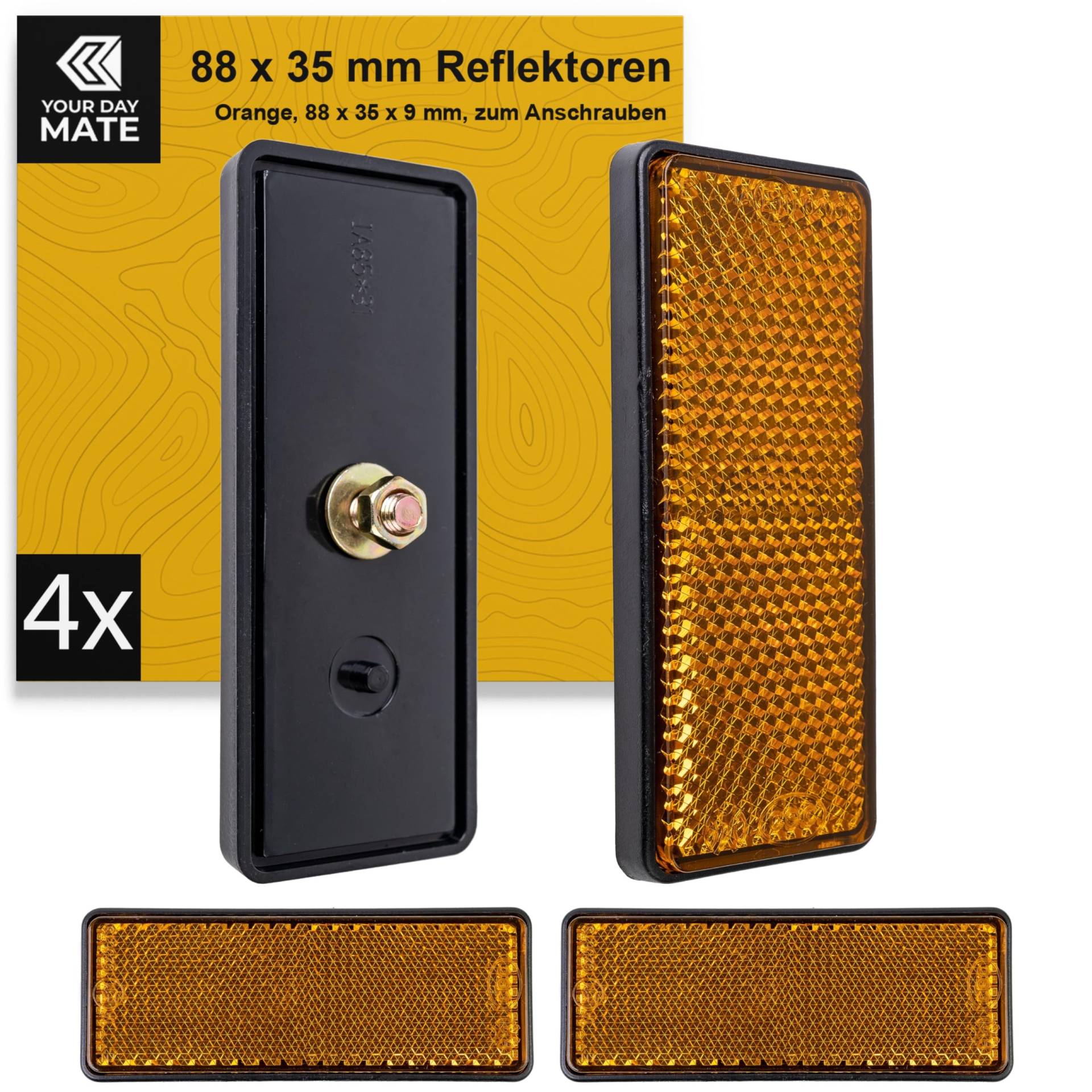 Rechteckige Reflektoren zum Anschrauben, 4 Pack, Orange schwarzem Rand, 88 x 35 x 9 mm Abmessung, E-Prüfzeichen, kl. Gewde + Muttern, eckige Hängerreflektoren für Wohnwagen, Anhänger, Katzenauge von Your Day Mate