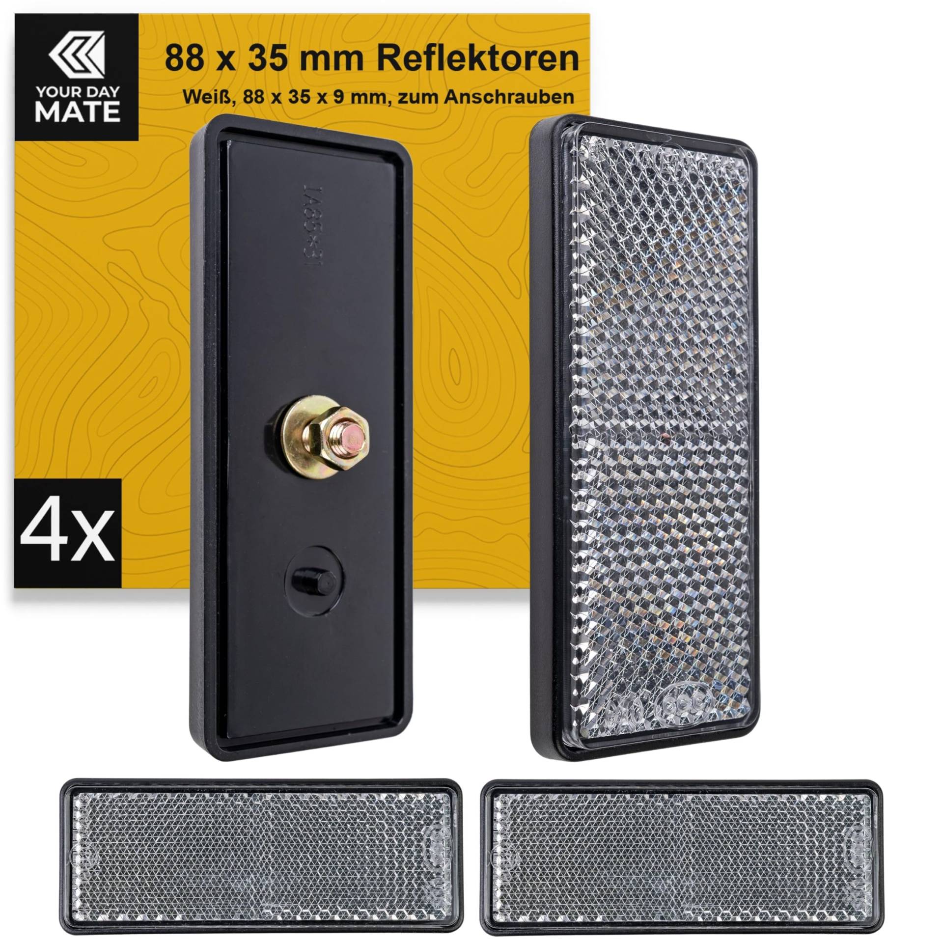 Rechteckige Reflektoren zum Anschrauben, 4 Pack, Weiss mit schwarzem Rand, 88 x 35 x 9 mm Abmessung, mit E-Prüfzeichen, inkl. Gewinde + Muttern, eckige Reflektoren für Anhänger, Wohnwagen, Katzenauge von Your Day Mate