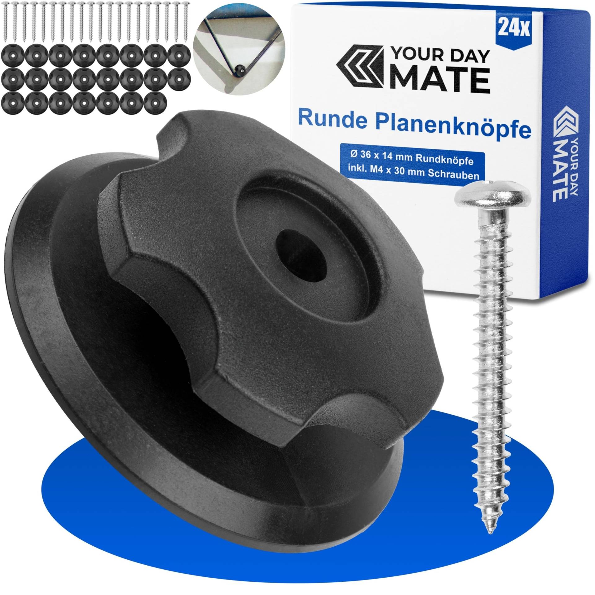 Runde Planenknöpfe zum Anschrauben, 24 Pack, inkl. M4 x 30 mm Edelstahl Schrauben, Rundknöpfe mit Ø 36 x 14 mm für Spanngummis von Anhänger Netzen und Planen, Befestigungshaken für Ladungssicherung von Your Day Mate