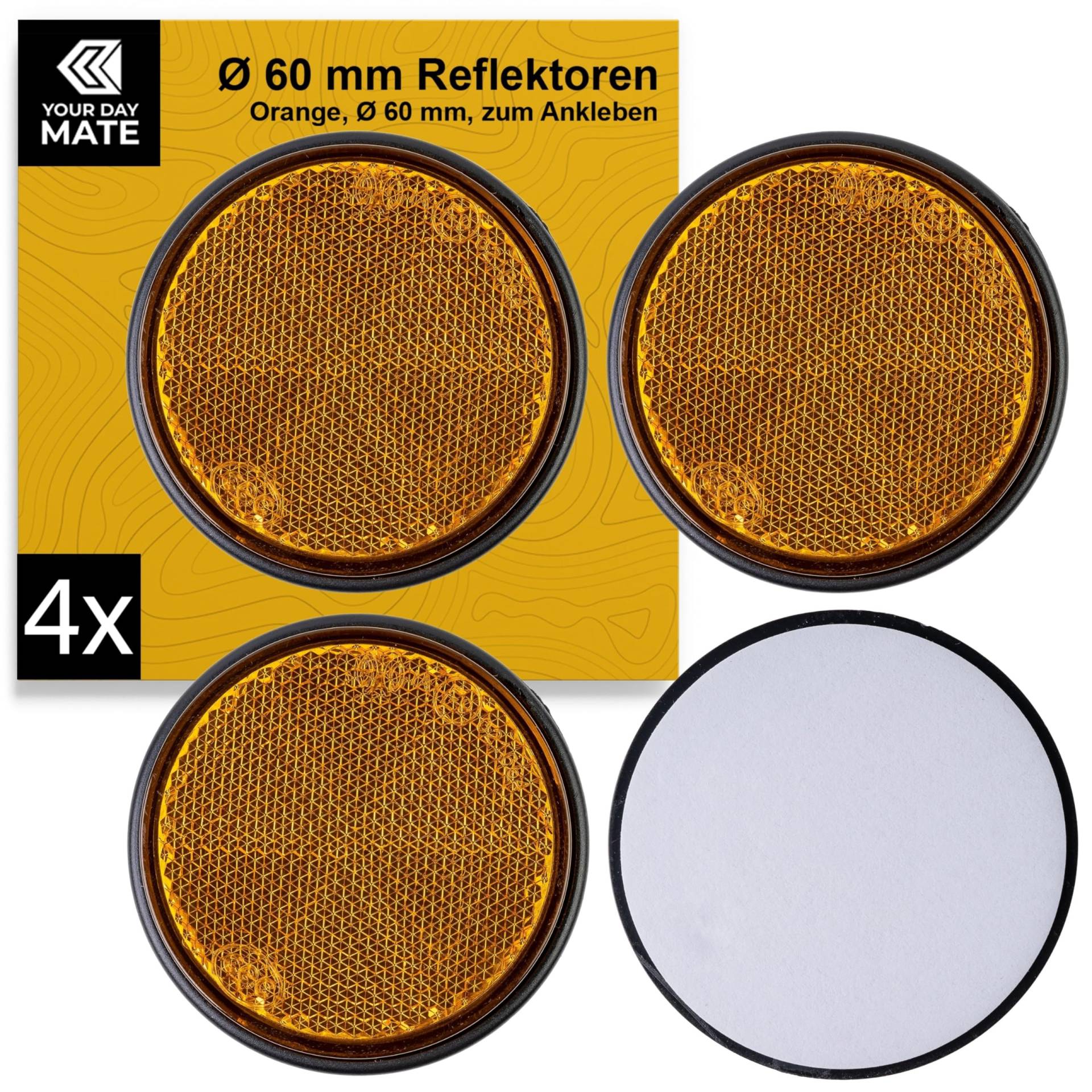 Runde Reflektoren zum Ankleben, 4 Pack, Orange mit schwarzem Rand, Ø 60 mm Durchmesser, mit E-Prüfzeichen, Strahlreflektor Hänger, Wohnmobil, Katzenauge links rechts, Rückstrahler Traktor Streuscheibe von Your Day Mate