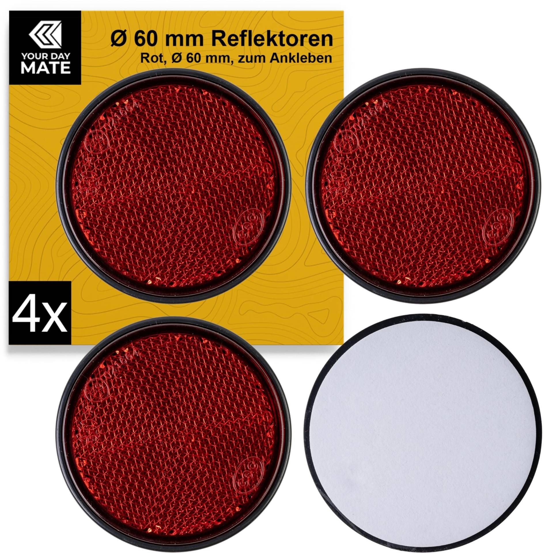 Runde Reflektoren zum Ankleben, 4 Pack, Rot mit schwarzem Rand, Ø 60 mm Durchmesser, mit E-Prüfzeichen, Strahlreflektor Hänger, Wohnmobil, Katzenauge links rechts, Rückstrahler Traktor Streuscheibe von Your Day Mate