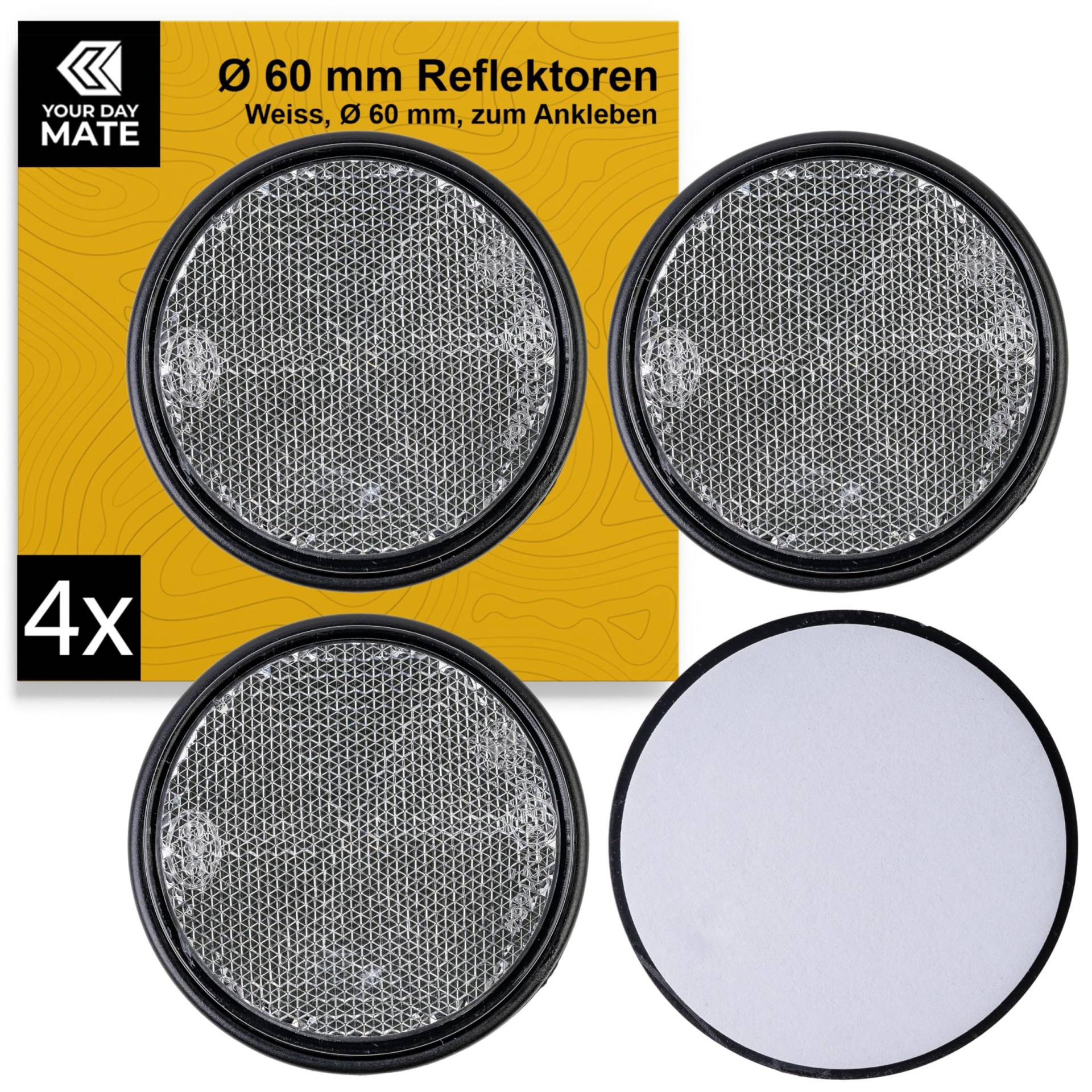 Runde Reflektoren zum Ankleben, 4 Pack, Weiss mit schwarzem Rand, Ø 60 mm Durchmesser, mit E-Prüfzeichen, Strahlreflektor Hänger, Wohnmobil, Katzenauge links rechts, Rückstrahler Traktor Streuscheibe von Your Day Mate