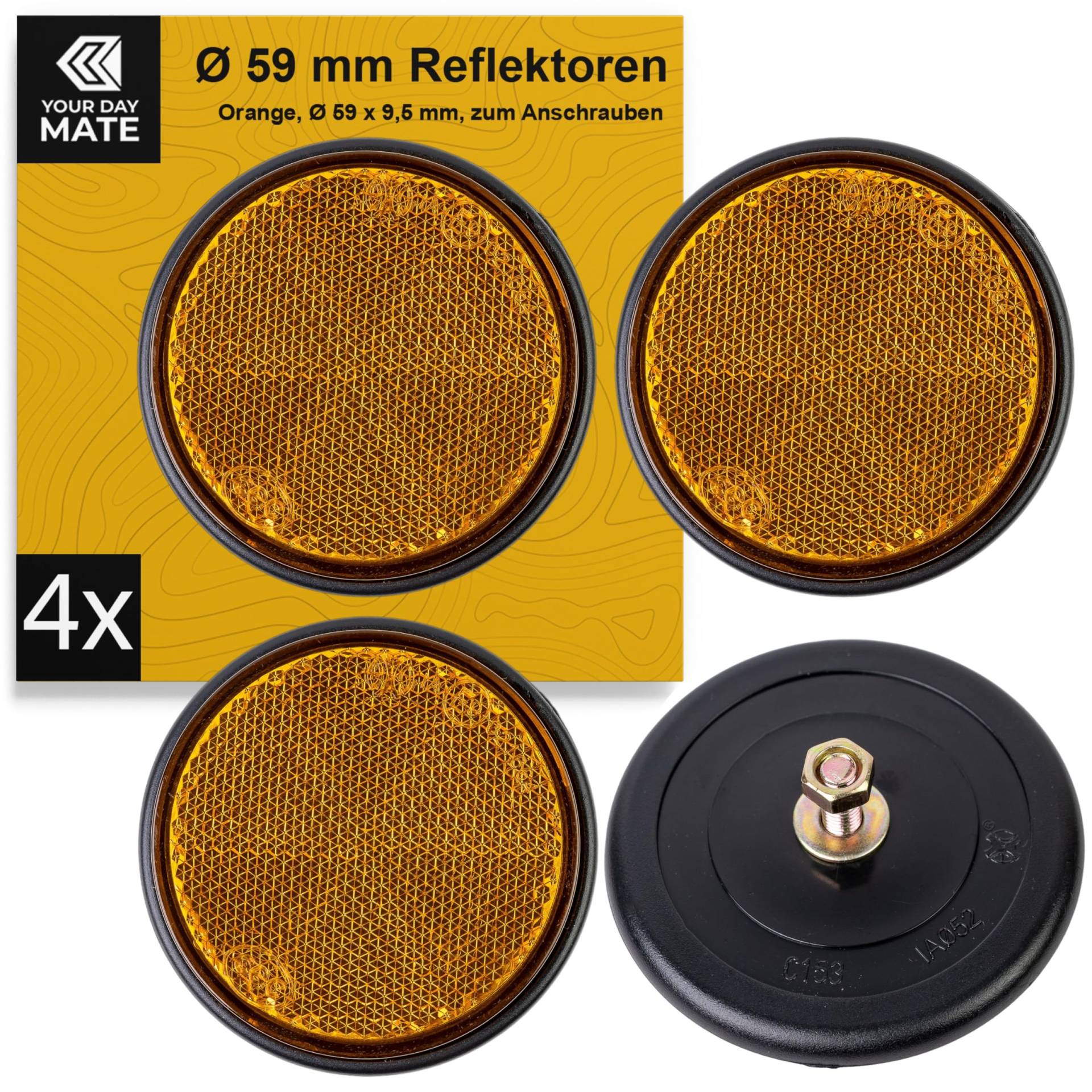 Runde Reflektoren zum Anschrauben, 4 Pack, Orange mit schwarzem Rand, Ø 59 mm Durchmesser, mit E-Prüfzeichen, inkl. Gewinde + Muttern, Sicherheitsreflektor Anhänger, Wohnwagen, Katzenauge rechts links von Your Day Mate