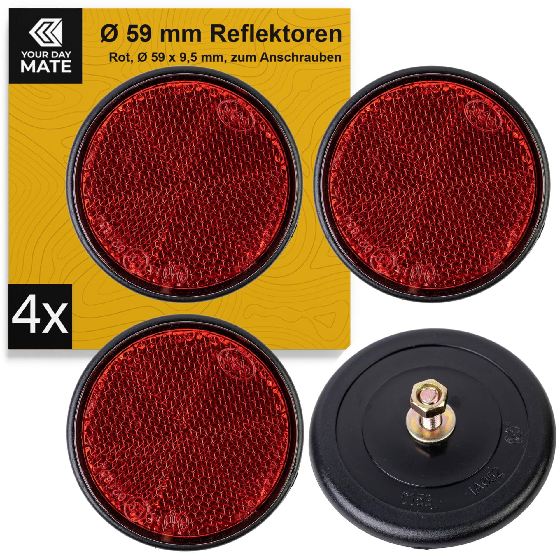 Runde Reflektoren zum Anschrauben, 4 Pack, Rot mit schwarzem Rand, Ø 59 mm Durchmesser, mit E-Prüfzeichen, inkl. Gewinde + Muttern, Sicherheitsreflektor Anhänger, Wohnwagen, Katzenauge rechts links von Your Day Mate