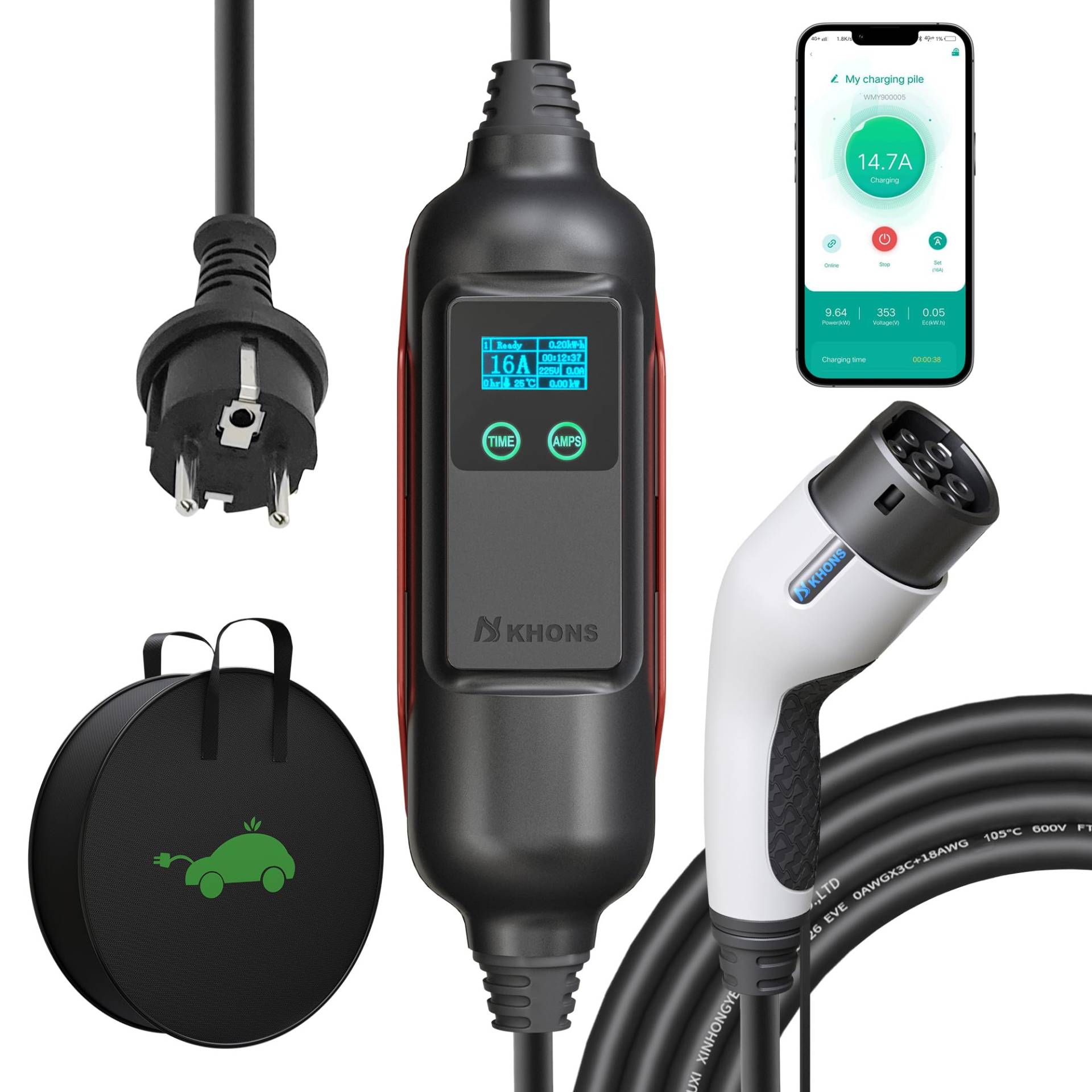 Youwoauto Wallbox 3.7KW Einphasig 6-16A Typ 2 Ladekabel mit Schuko Stecker, IP65 Mobile Wallbox Ladestation für Elektroauto, APP-Steuerung Tragbare EV-Ladestation für IEC 62196-2 (6 Meter) von Youwoauto