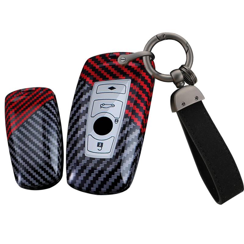 Ysbxitu Kohlefaser Textur Schlüsselhülle für BMW Schlüsselanhänger Passt für BMW F20 F21 F30 F31 F34 F35 F80 F32 F33 F82 F83 F07 F10 F11 F18 F12 F13 F01 F02 Fernbedienung Cover Geschenkidee Rot von Ysbxitu