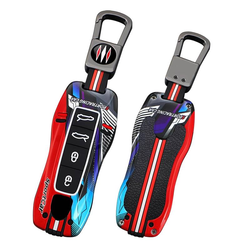 Ysbxitu Schlüsselhülle Eui Nachtleuchtend Keychain kompatibel mit Porsche Cayenne Panamera 9YA 911 971 Macan Boxster Taycan Carrera Fernbedienung Cover Schlüsselanhänger Sport style-4Tasten B Rot von Ysbxitu