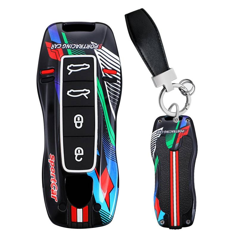 Ysbxitu Schlüsselhülle Eui Nachtleuchtend Keychain kompatibel mit Porsche Cayenne Panamera 9YA 911 971 Macan Boxster Taycan Carrera Fernbedienung Cover Schlüsselanhänger Sport style-4Tasten C Schwarz von Ysbxitu