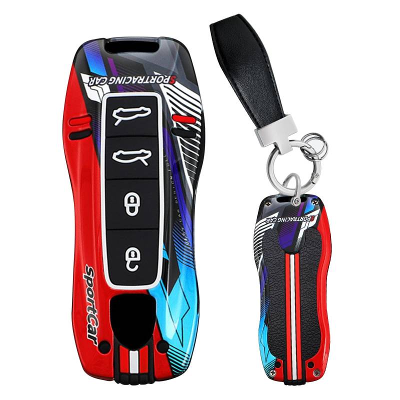 Ysbxitu Schlüsselhülle Eui Nachtleuchtend Keychain kompatibel mit Porsche Cayenne Panamera 9YA 911 971 Macan Boxster Taycan Carrera Fernbedienung Cover Schlüsselanhänger Sport style-4Tasten C Rot von Ysbxitu