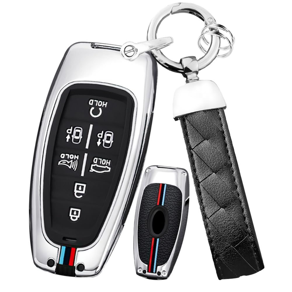 Ysbxitu Smart Schlüsselhülle Cover Schlüsselbund kompatibel mit Hyundai Sonata sel ev 6 ev 8 ioniq 5 Nexo Tucson sonate Grandeur Smartkey Autoschlüssel Case Abdeckung Car Keychain 7Tasten-Silber von Ysbxitu