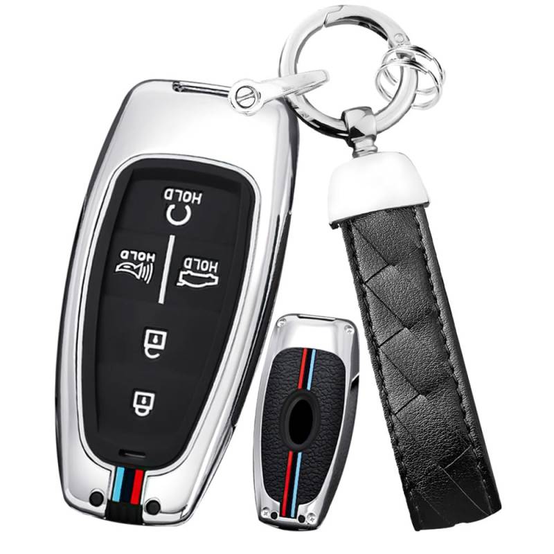 Ysbxitu Smart Schlüsselhülle Cover Schlüsselbund kompatibel mit Hyundai i30 ix35 Kona Encino Solaris Azera Grande Akzent Santa Fe Smartkey Autoschlüssel Case Abdeckung Car Keychain 5 Tasten-Silber von Ysbxitu