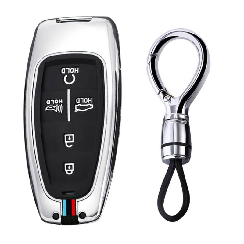 Ysbxitu Smart Schlüsselhülle Cover Schlüsselbund kompatibel mit Hyundai i30 ix35 Kona Solaris Encino Azera Grande Akzent Santa Fe Smartkey Autoschlüssel Case Abdeckung Car Keychain 5 Tasten-Silber von Ysbxitu