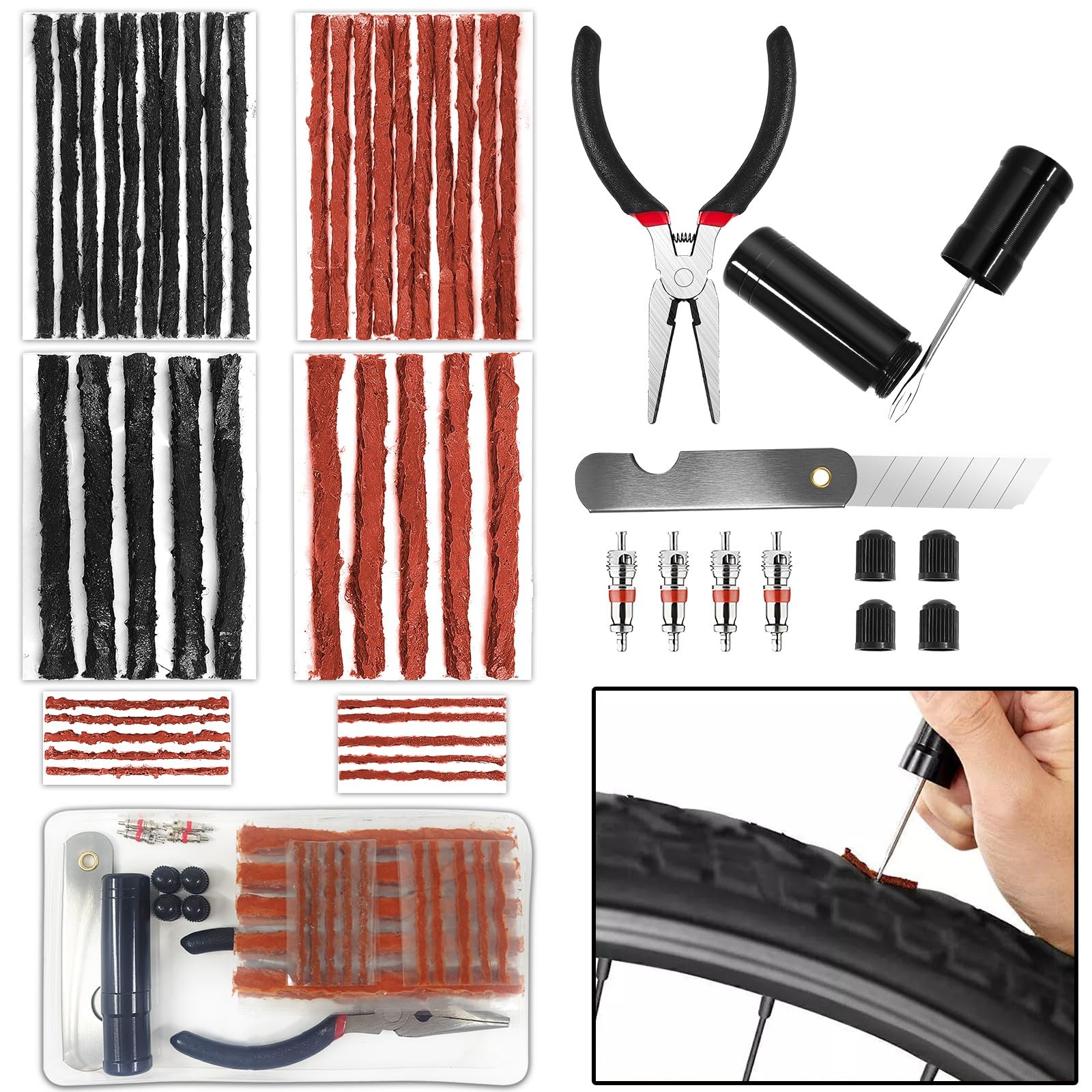 Ysimple Tubeless Reparaturset - 51 Stü Tubeless Repair Kit, Inklusive Klebeband, Zange, Gabelbohrer und Mehr, Tubeless Tyre Patch Set, Tubeless MTB Repair Kit Bicycle Tools, Tubeless Flicken for Bike von Ysimple