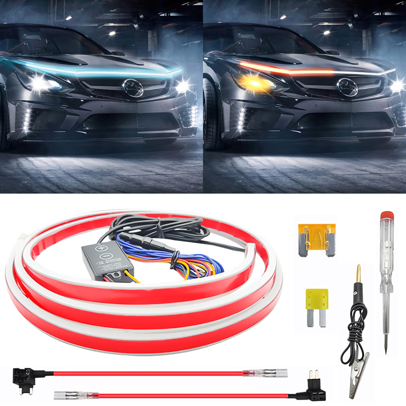 Universal Auto Tagfahrlicht, Auto Motorhaube Lichtstreifen Wasserdichtes 2-farbiges Licht Flexible Waterproof Auto Streifen Licht Dynamic Scan Start Up Kit Auto Motorhaube Lichtstreifen (Blau, 200cm) von Ysislybin