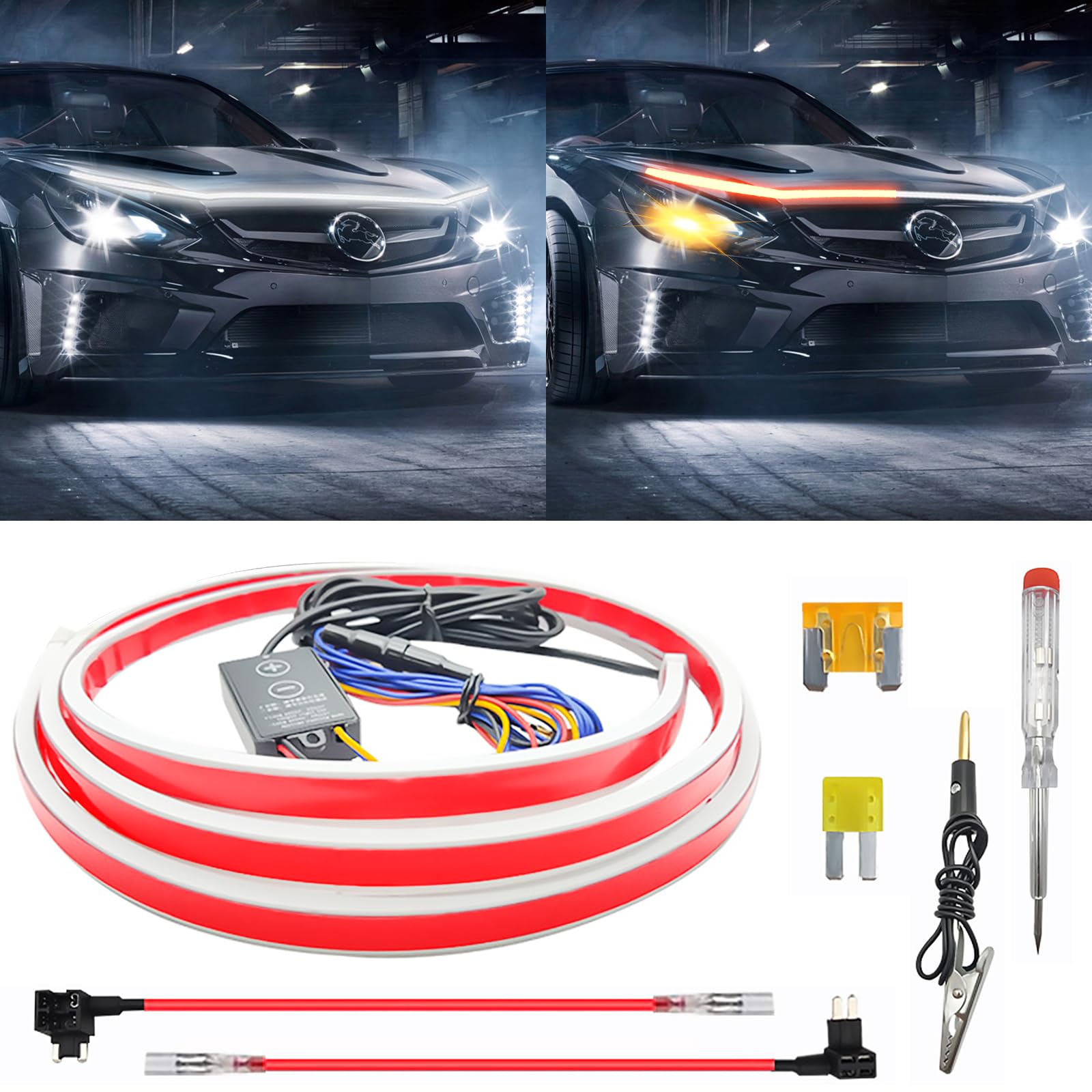 Universal Auto Tagfahrlicht, Auto Motorhaube Lichtstreifen Wasserdichtes 2-farbiges Licht Flexible Waterproof Auto Streifen Licht Dynamic Scan Start Up Kit Auto Motorhaube Lichtstreifen (Gelb, 220cm) von Ysislybin