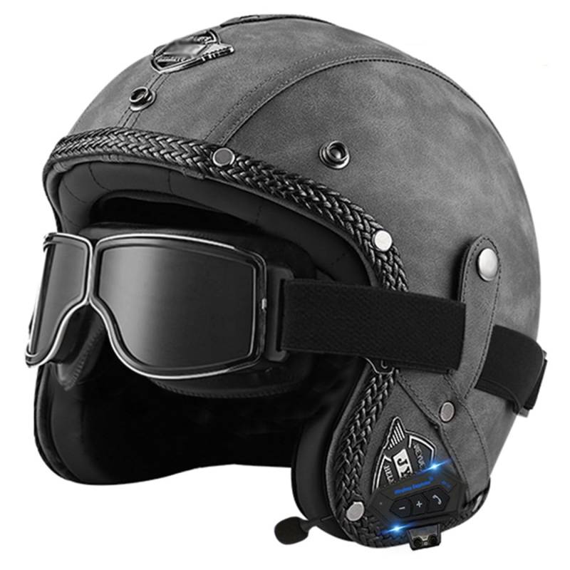 Halbschalenhelm Leder Jethelm Bluetooth Roller-Helm ECE-Zulassung Vintage Motorradhelm Brain-Cap Motorrad Halbhelme Mit Built-In Visier Cruiser Scooter Helm Für Herren Damen 2,XL:61-62CM von YuanLiang