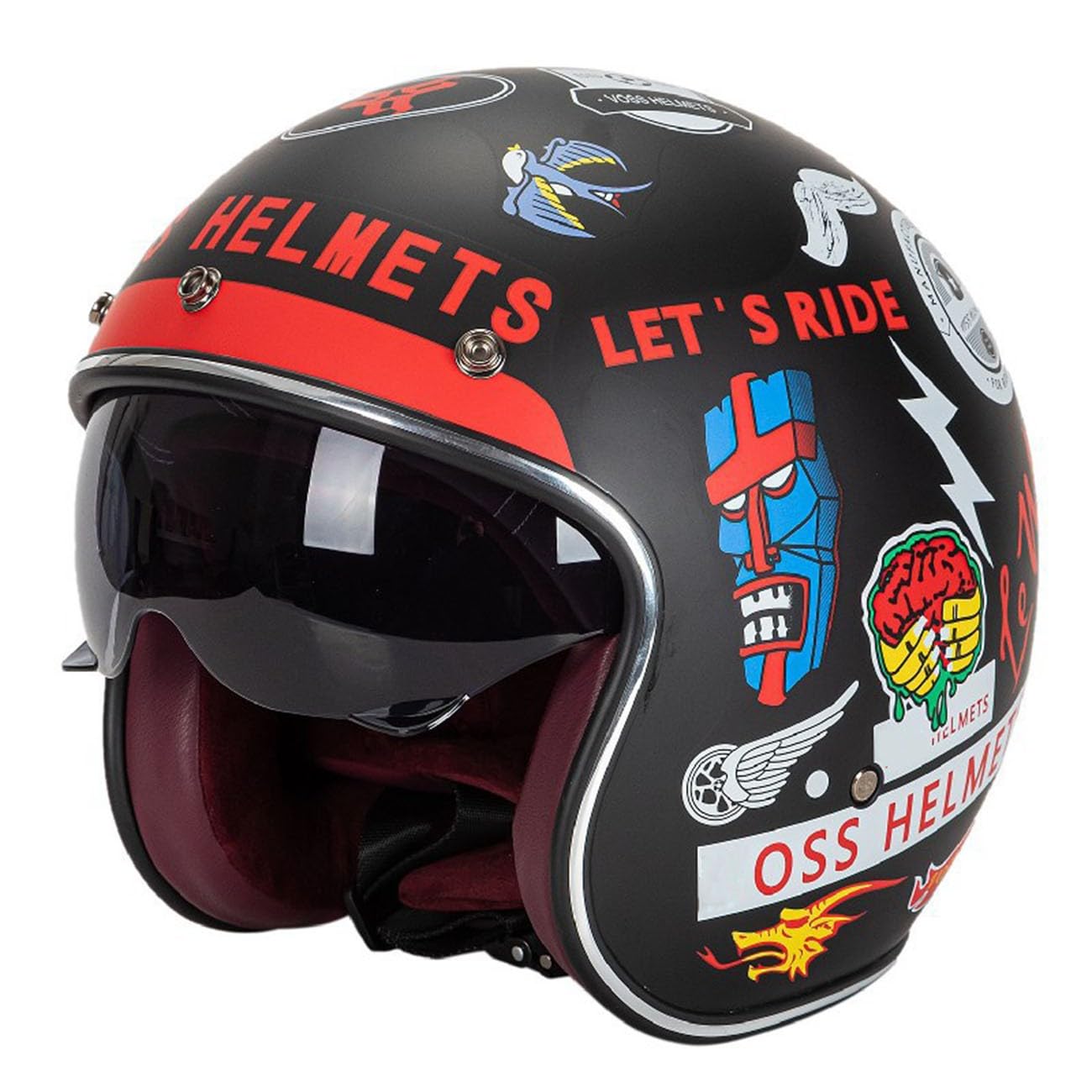 Retro 3/4 Motorrad Helm Jethelm Roller-Helm DOT/ECE-Zertifizierter Brain-Cap Offenem Motorradhelm Mit Sonnenblende Halbschalenhelm Halbhelme Schutzhelm Für Herren Damen 7,XXL:63-64CM von YuanLiang