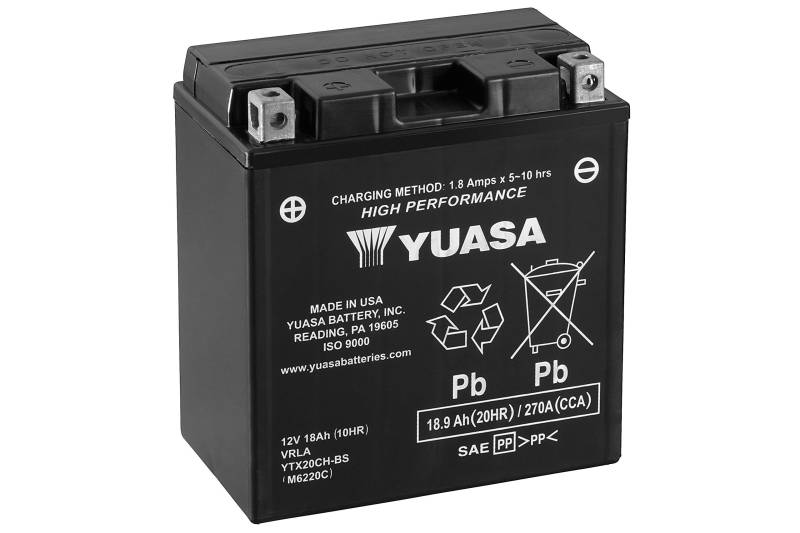 Motorradbatterie Yuasa YTX20CH-BS, wartungsfrei, 12 V, 18 Ah, Maße: 150 x 87 x 161 mm, kompatibel mit Moto Guzzi Norge 1200 2006-2007 von Yuasa