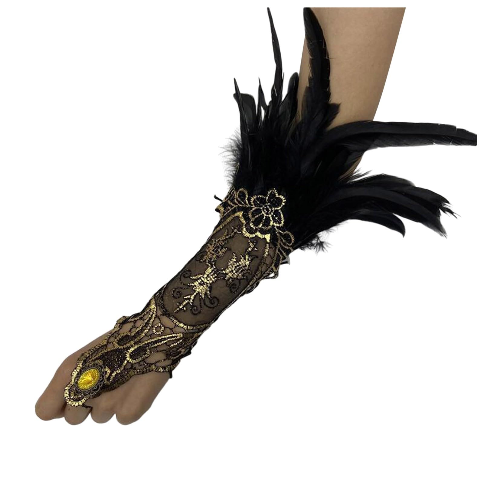 1 Paar Damen Vintage Spitzenhandschuhe mit Feder, Lange Gothic-Netzhandschuhe Fingerlose Federschmuck für Cosplay Hochzeit Halloween, Feder Spitze Fingerlose Lange Lange Handschuhe (Black, One Size) von Yubenhong