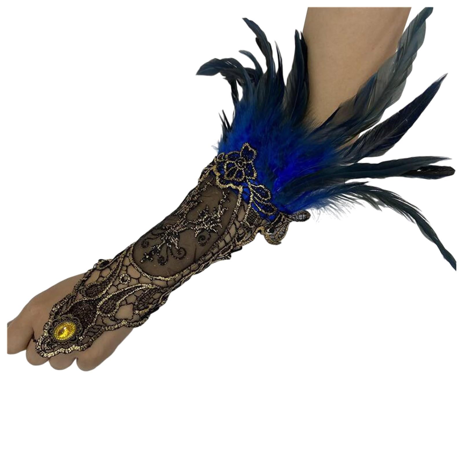 1 Paar Damen Vintage Spitzenhandschuhe mit Feder, Lange Gothic-Netzhandschuhe Fingerlose Federschmuck für Cosplay Hochzeit Halloween, Feder Spitze Fingerlose Lange Lange Handschuhe (Blue, One Size) von Yubenhong