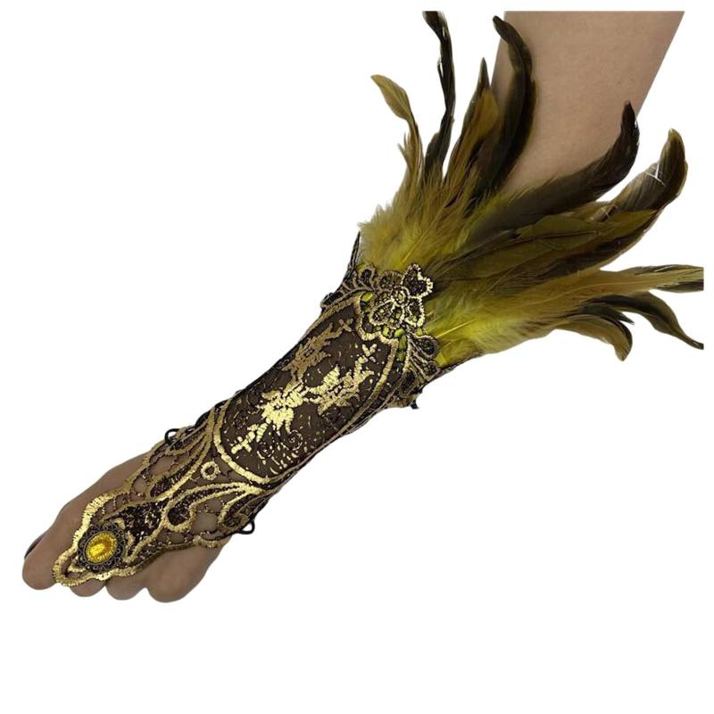 1 Paar Damen Vintage Spitzenhandschuhe mit Feder, Lange Gothic-Netzhandschuhe Fingerlose Federschmuck für Cosplay Hochzeit Halloween, Feder Spitze Fingerlose Lange Lange Handschuhe (Yellow, One Size) von Yubenhong