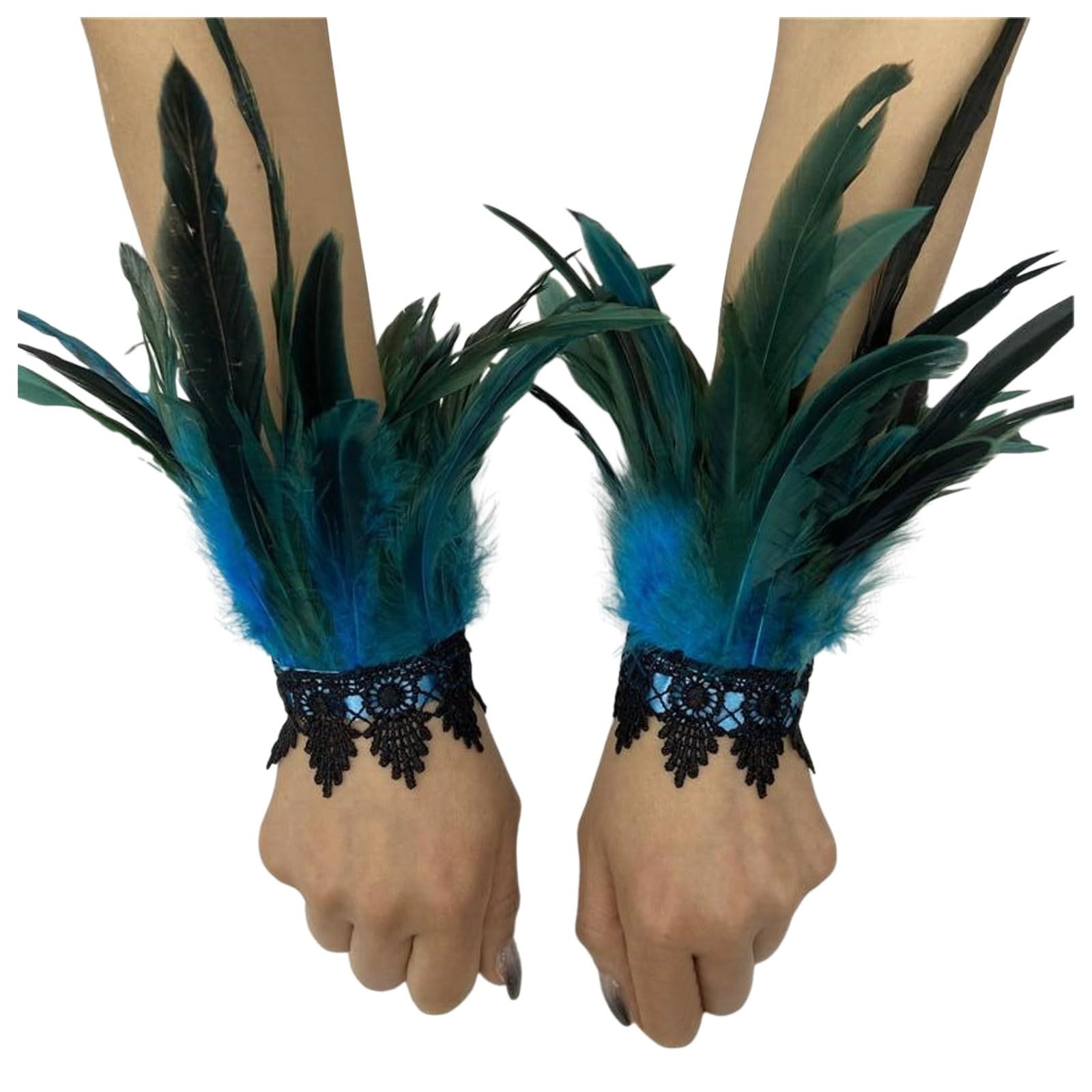 Damen Karneval Feder Manschetten Frauen Federschlagarmbänder Feder Accessoires Feder Manschetten Halloween Feather Schmuckstück Spitzen Handschuhe Vintage Feder Manschette (Sky Blue, One Size) von Yubenhong