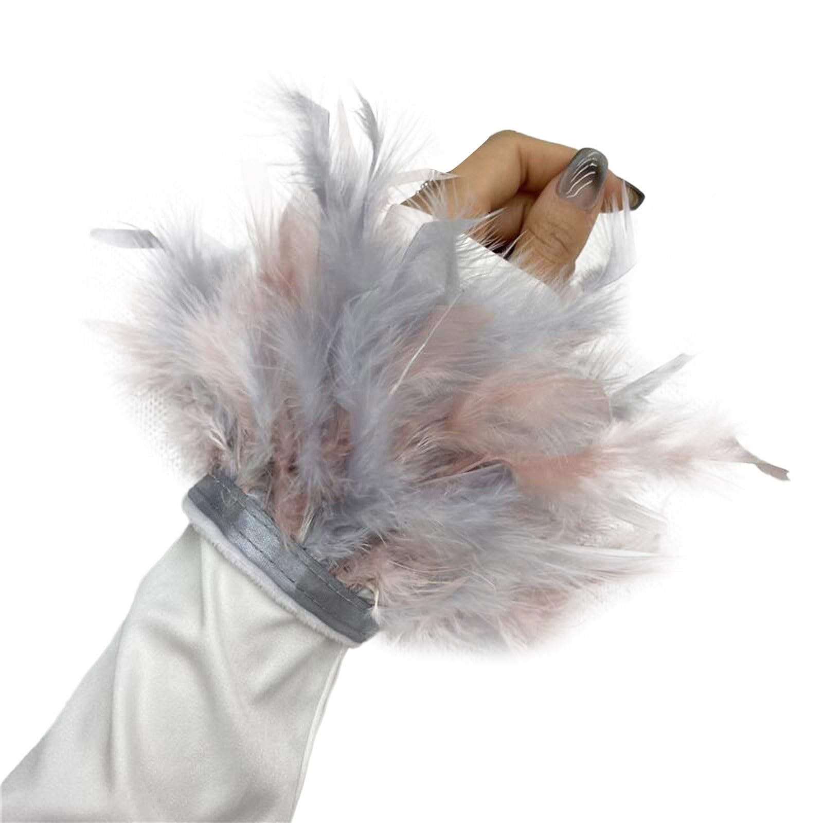 Feder Manschetten Federn Armbänder Damen Federschmuck Feder Handschuhe Feder Manschette Accessoires Frauen Federschlagarmbänder Halloween Feather Schmuckstück für Handschuhe Lang (Grey, One Size) von Yubenhong