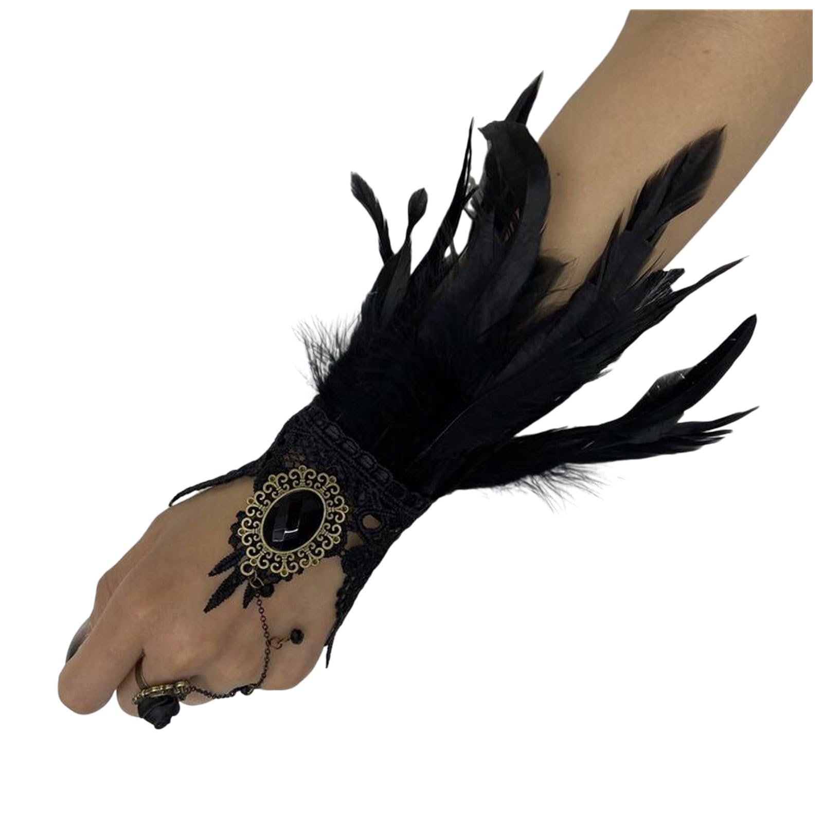 Federmanschette Handschuhe Vintage Spitze Fingerlose Armkette Damen Spitzenhandschuhe Federn Armbänder Gothic Feder Manschetten, für Cosplay Hochzeit Halloween Karneval Kostüm (Black, One Size) von Yubenhong