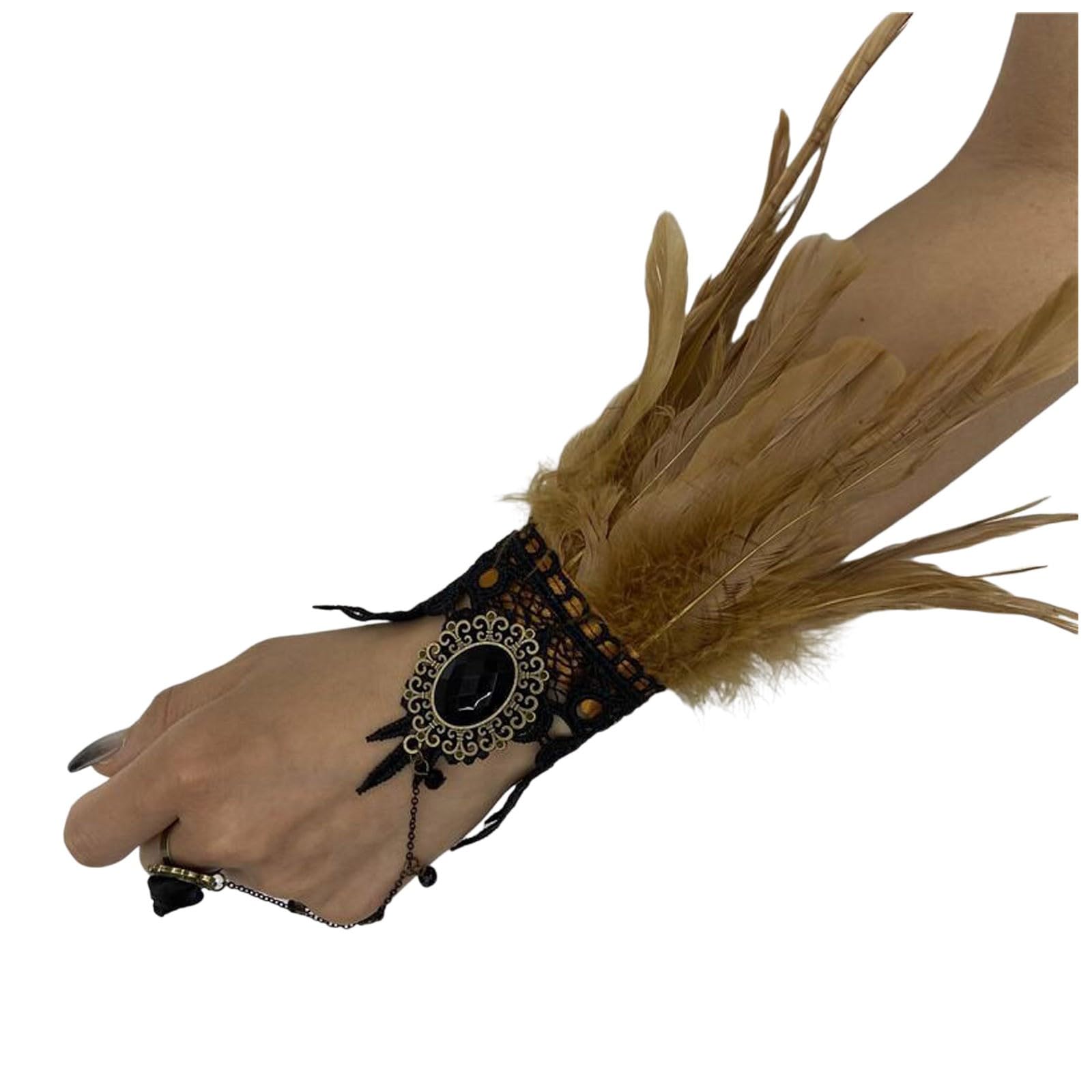 Federmanschette Handschuhe Vintage Spitze Fingerlose Armkette Damen Spitzenhandschuhe Federn Armbänder Gothic Feder Manschetten, für Cosplay Hochzeit Halloween Karneval Kostüm (Brown, One Size) von Yubenhong