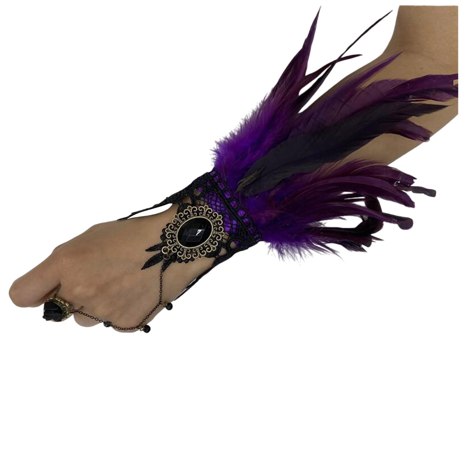 Federmanschette Handschuhe Vintage Spitze Fingerlose Armkette Damen Spitzenhandschuhe Federn Armbänder Gothic Feder Manschetten, für Cosplay Hochzeit Halloween Karneval Kostüm (Purple, One Size) von Yubenhong