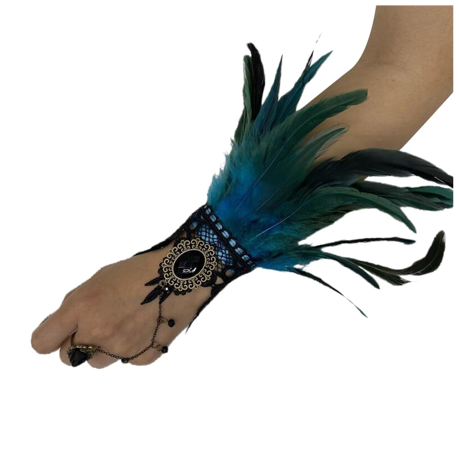 Federmanschette Handschuhe Vintage Spitze Fingerlose Armkette Damen Spitzenhandschuhe Federn Armbänder Gothic Feder Manschetten, für Cosplay Hochzeit Halloween Karneval Kostüm (Sky Blue, One Size) von Yubenhong