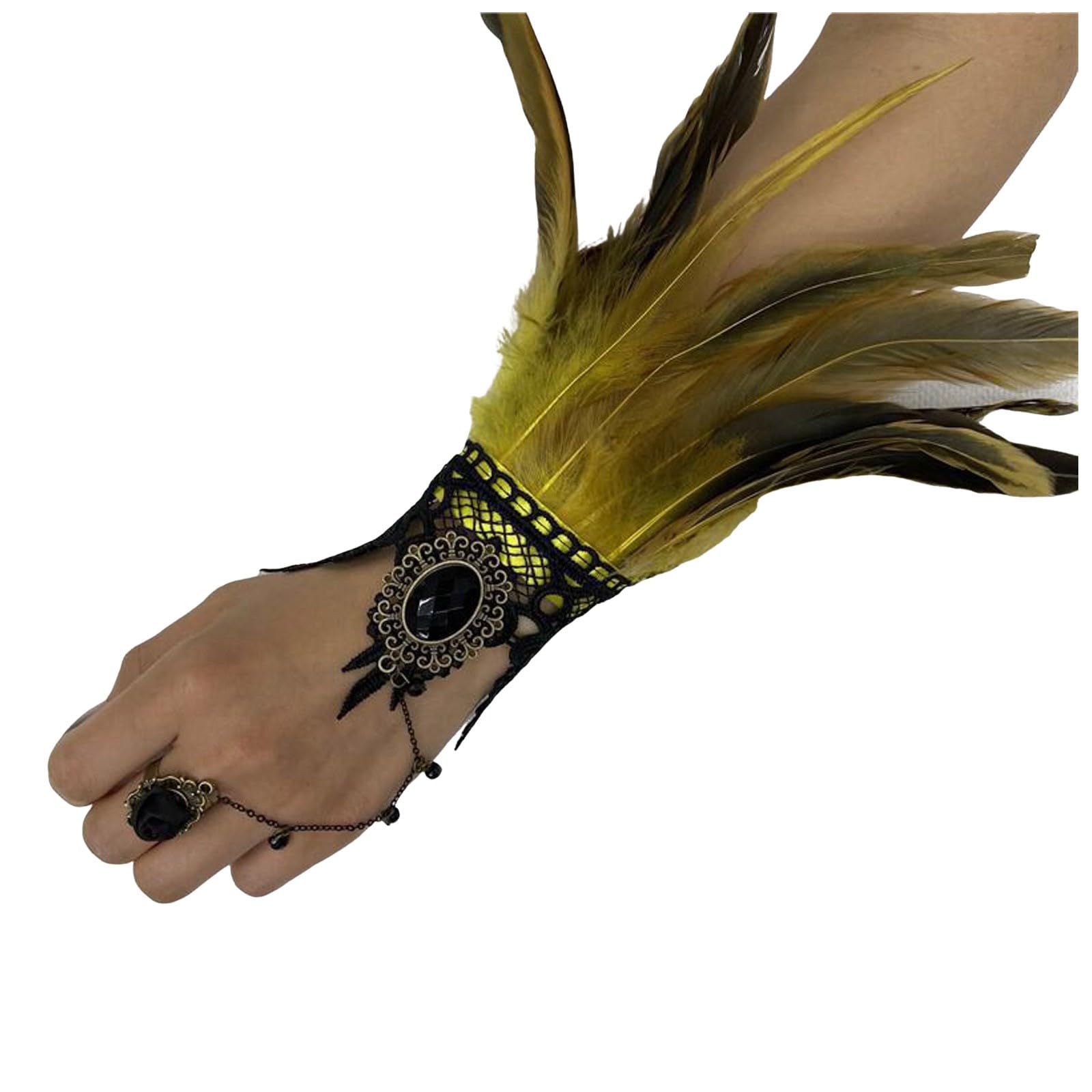 Federmanschette Handschuhe Vintage Spitze Fingerlose Armkette Damen Spitzenhandschuhe Federn Armbänder Gothic Feder Manschetten, für Cosplay Hochzeit Halloween Karneval Kostüm (Yellow, One Size) von Yubenhong