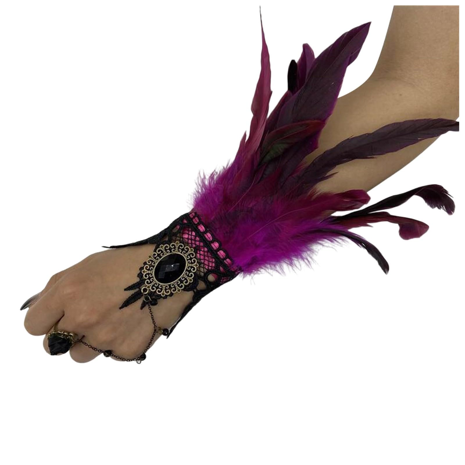 Federmanschette Handschuhe Vintage Spitze Fingerlose Armkette Damen Spitzenhandschuhe Federn Armbänder Gothic Feder Manschetten, für Cosplay Hochzeit Halloween Karneval Kostüm Zubehör (One Size) von Yubenhong