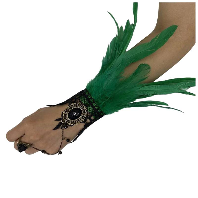 Federmanschette Handschuhe Vintage Spitze Fingerlose Armkette Damen Spitzenhandschuhe Federn Armbänder Gothic Feder Manschetten, für Cosplay Hochzeit Halloween Karneval Kostüm Zubehör (One Size) von Yubenhong