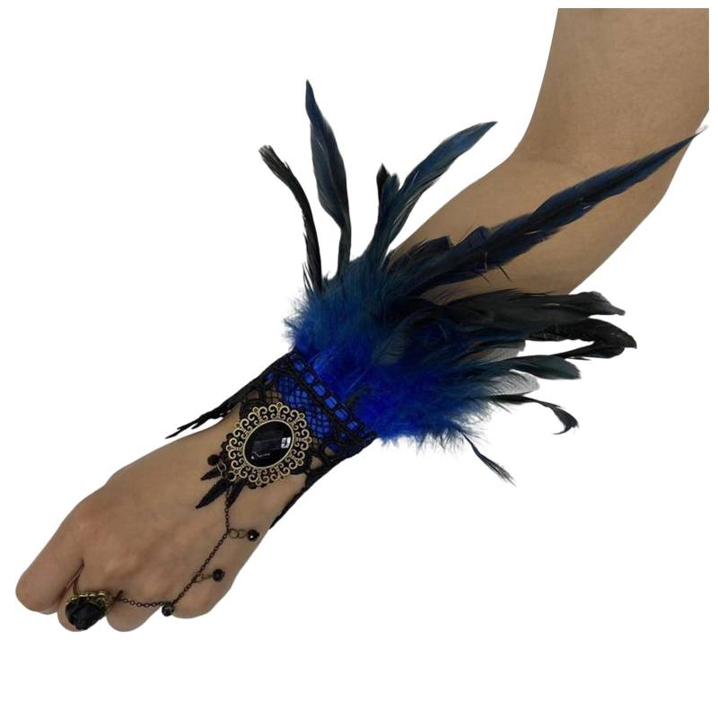 Federmanschette Handschuhe Vintage Spitze Fingerlose Armkette Damen Spitzenhandschuhe Federn Armbänder Gothic Feder Manschetten, für Cosplay Hochzeit Halloween Karneval Kostüm Zubehör von Yubenhong