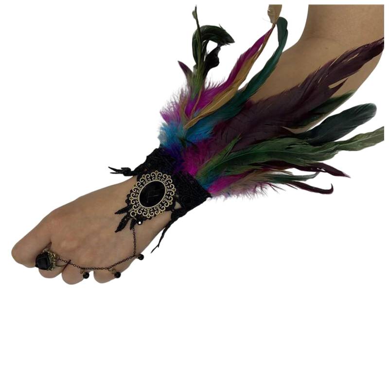 Federmanschette Handschuhe Vintage Spitze Fingerlose Armkette Damen Spitzenhandschuhe Federn Armbänder Gothic Feder Manschetten, für Cosplay Hochzeit Halloween Karneval Kostüm Zubehör von Yubenhong