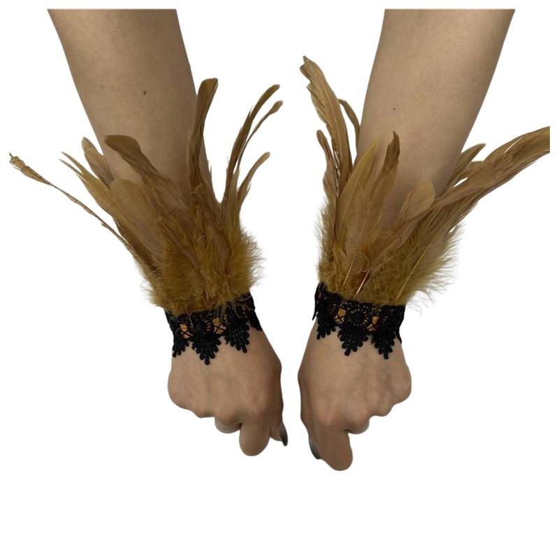 Federn Armbänder Damen Vintage Feder Manschette Accessoires Gothic Feder Manschetten Frauen Federschlagarmbänder Feder Spitze Handschuhe Federschmuck für Halloween Kostüm, Dünne (Khaki, One Size) von Yubenhong