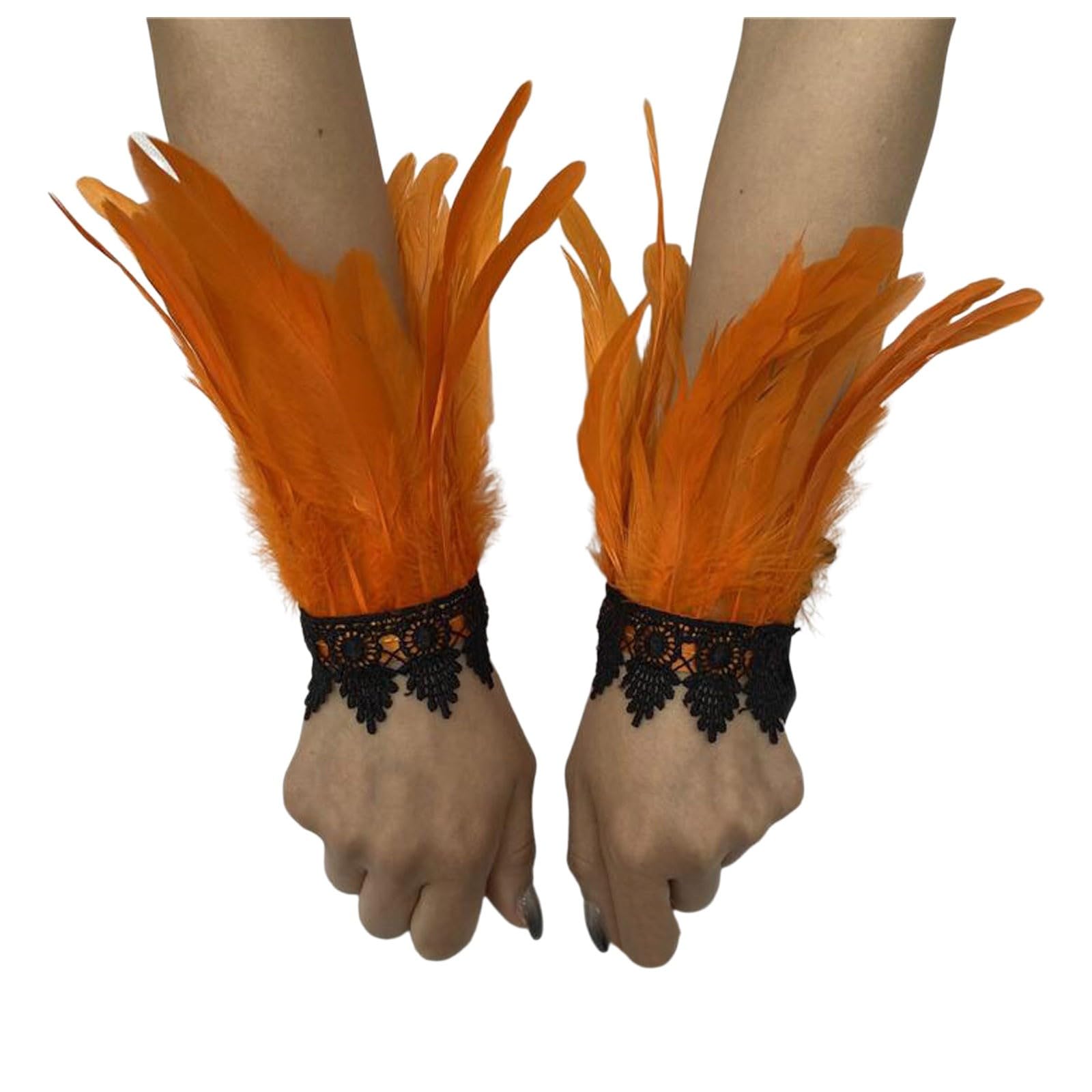 Federn Armbänder Damen Vintage Feder Manschette Accessoires Gothic Feder Manschetten Frauen Federschlagarmbänder Feder Spitze Handschuhe Federschmuck für Halloween Kostüm, Dünne (Orange, One Size) von Yubenhong